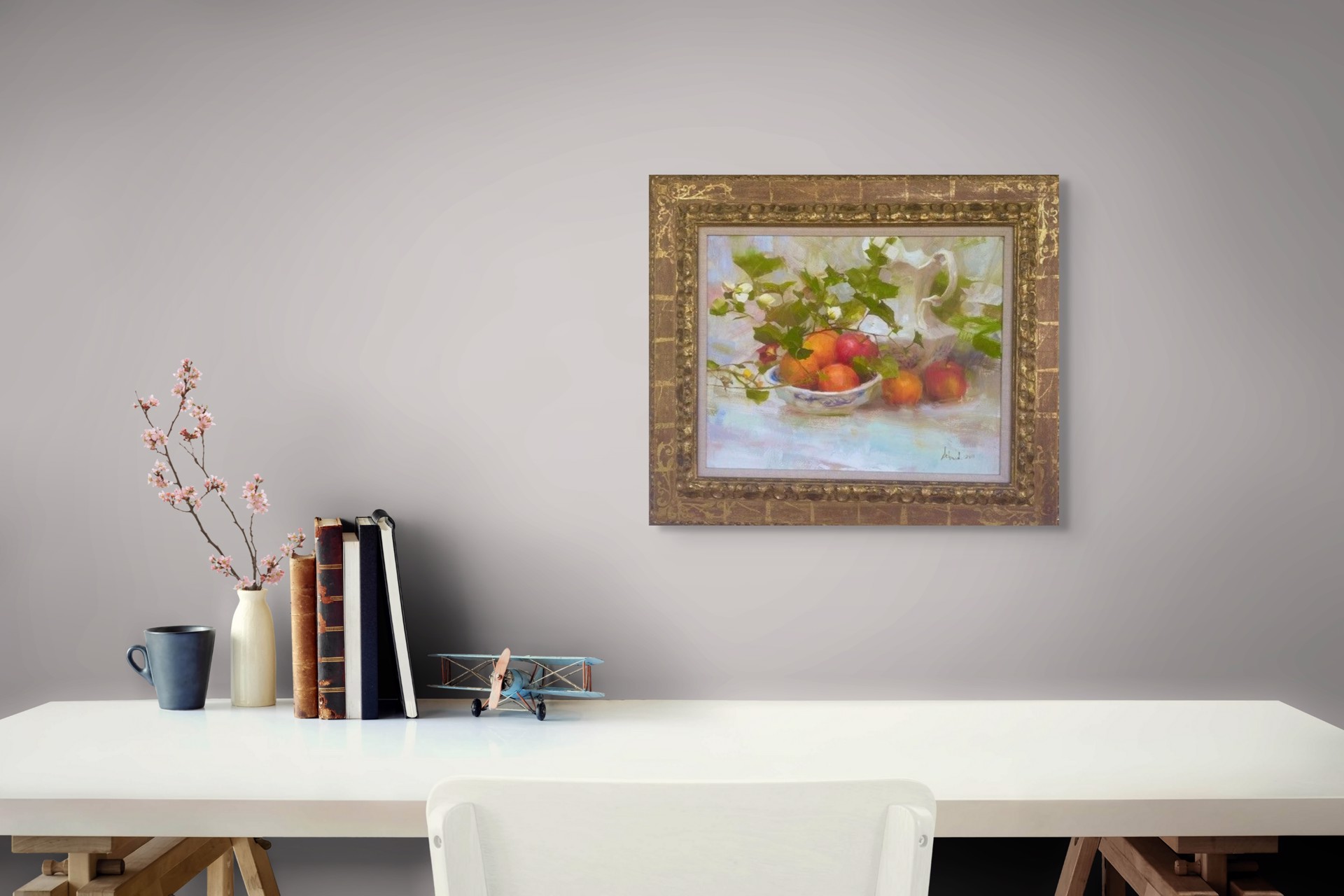 A still life painting featuring a bowl of fruit and foliage next to a pitcher.