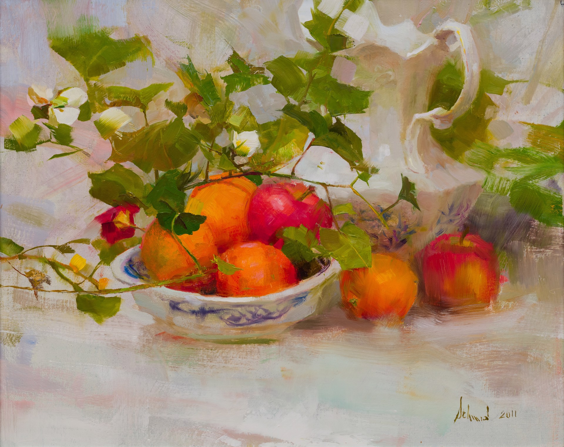 A still life painting featuring a bowl of fruit and foliage next to a pitcher.
