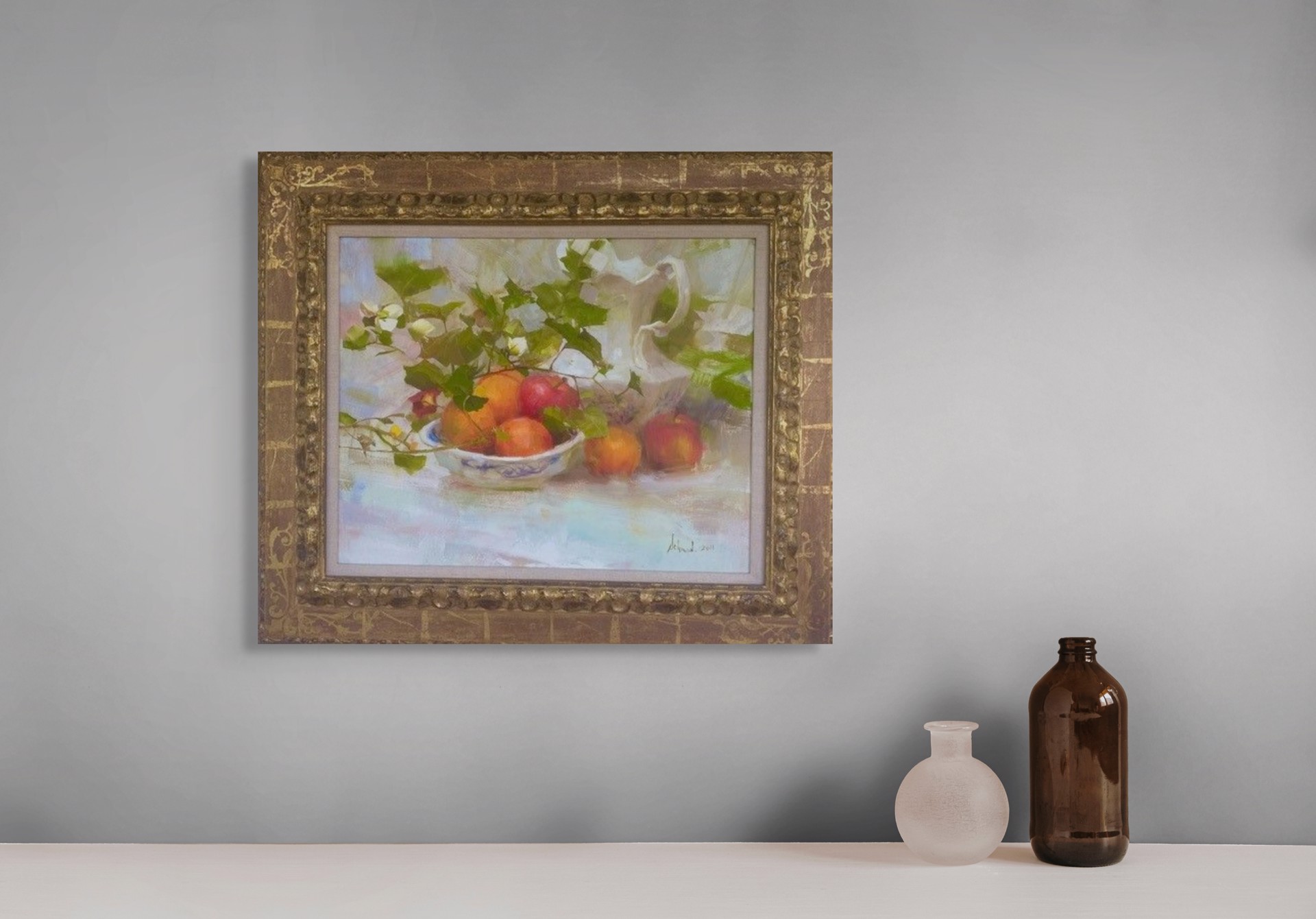 A still life painting featuring a bowl of fruit and foliage next to a pitcher.