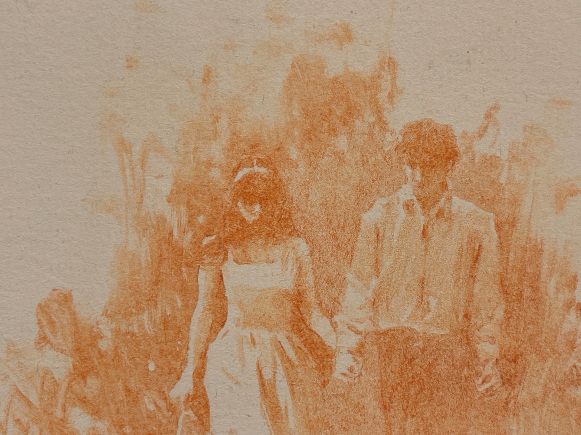 A sketch of a couple walking through tall grass.