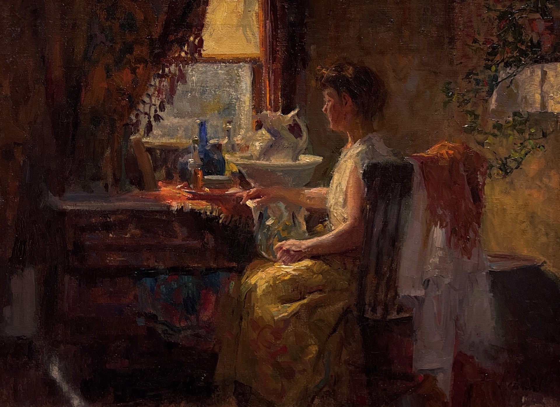 A painting of a woman sitting at a table in front of a window.