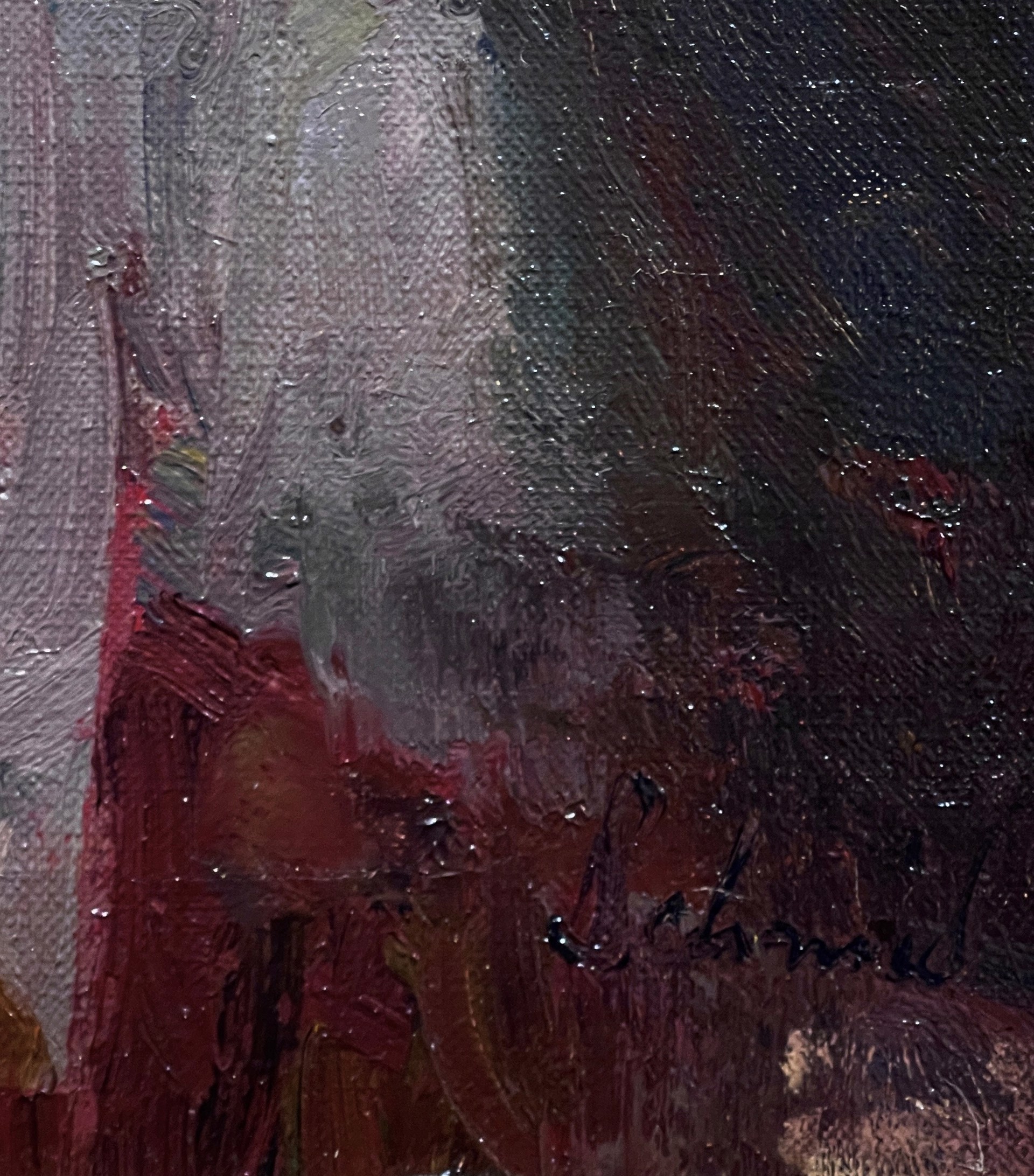 A painting of a woman sitting at a table in front of a window.