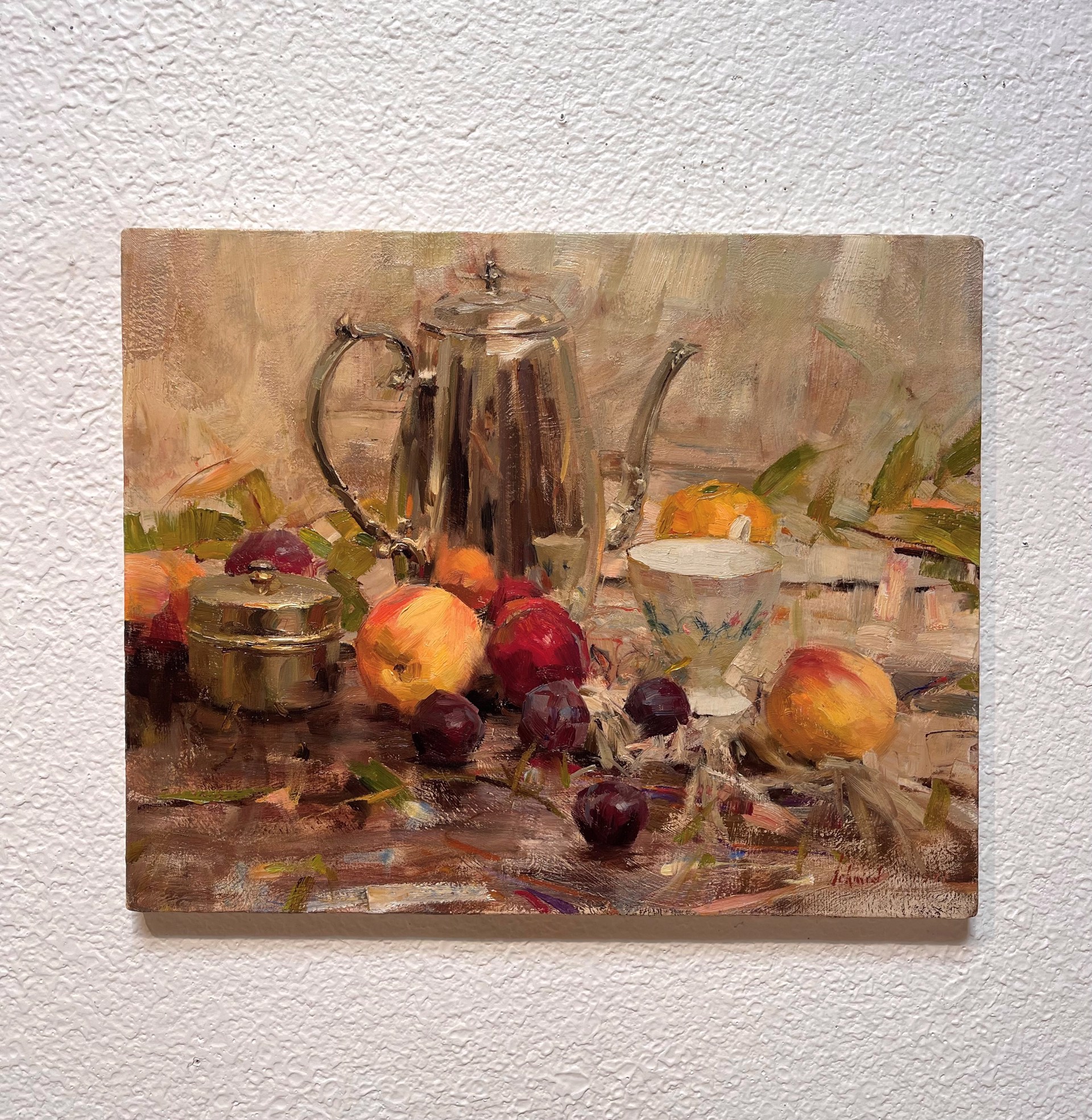 A painting of a silver teapot and fruit on a table.