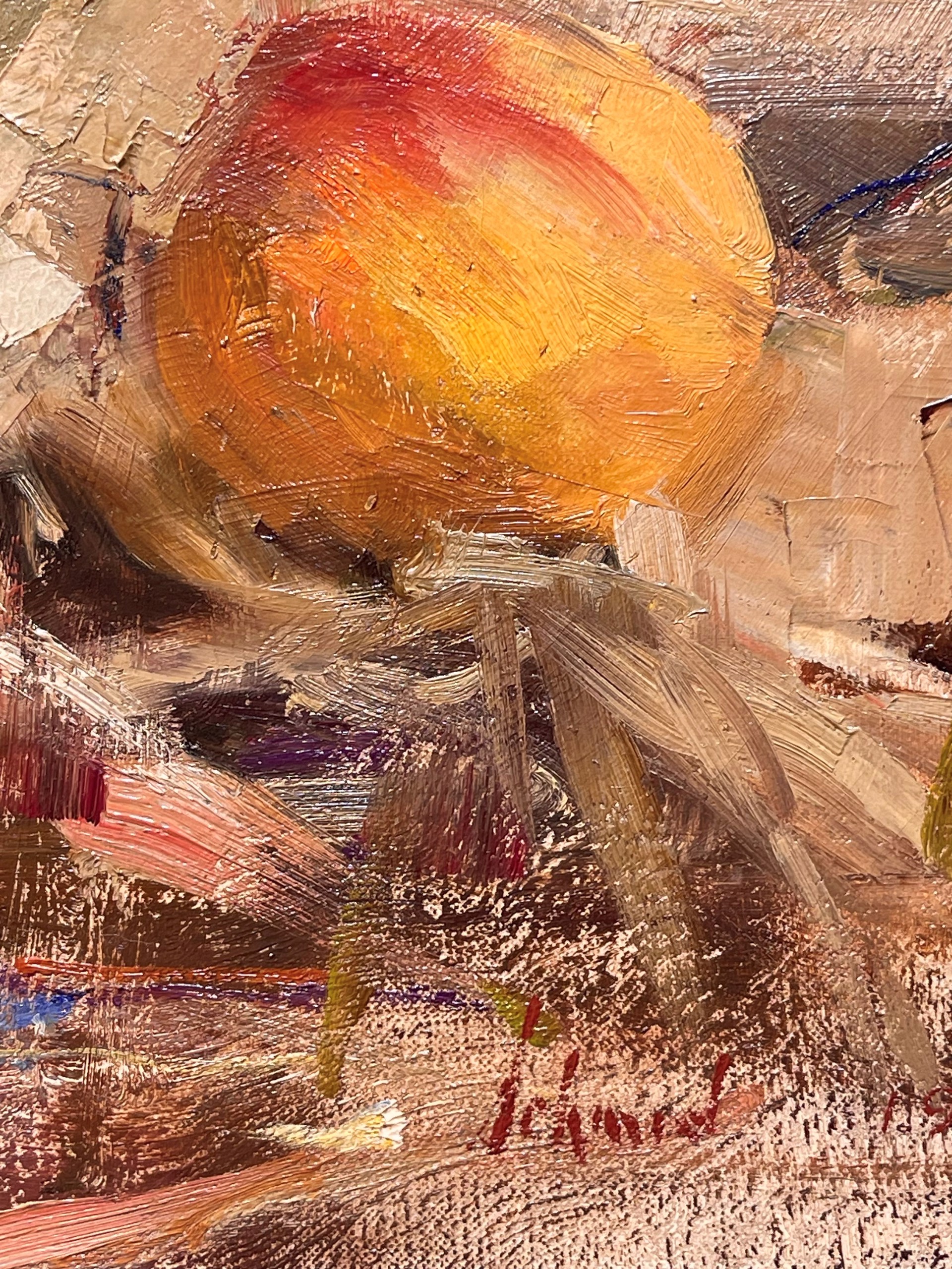 A painting of a silver teapot and fruit on a table.
