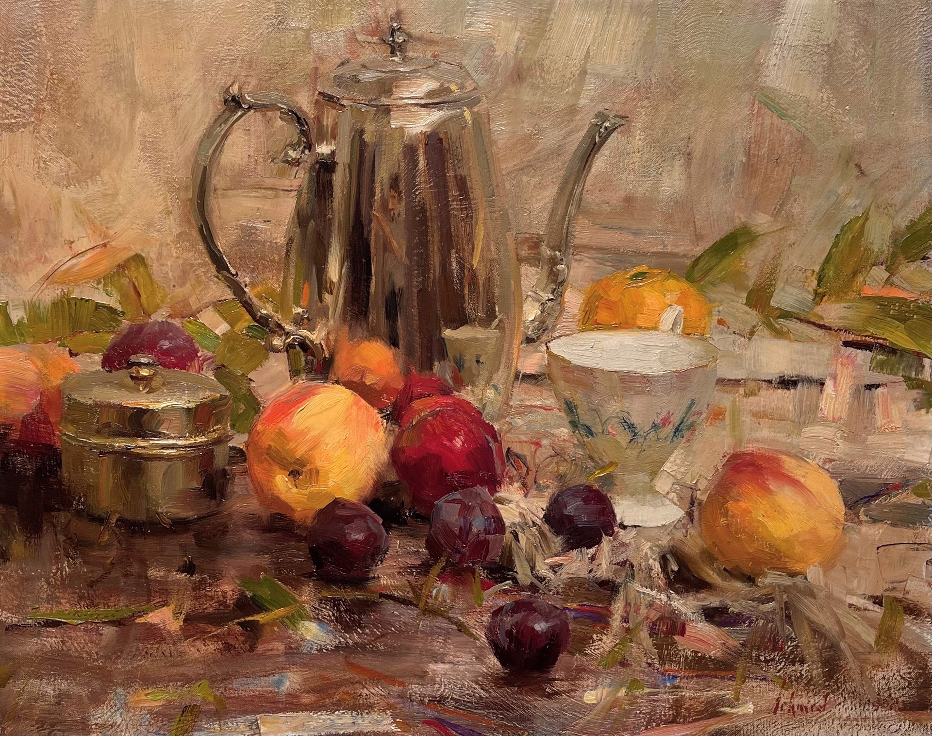A painting of a silver teapot and fruit on a table.