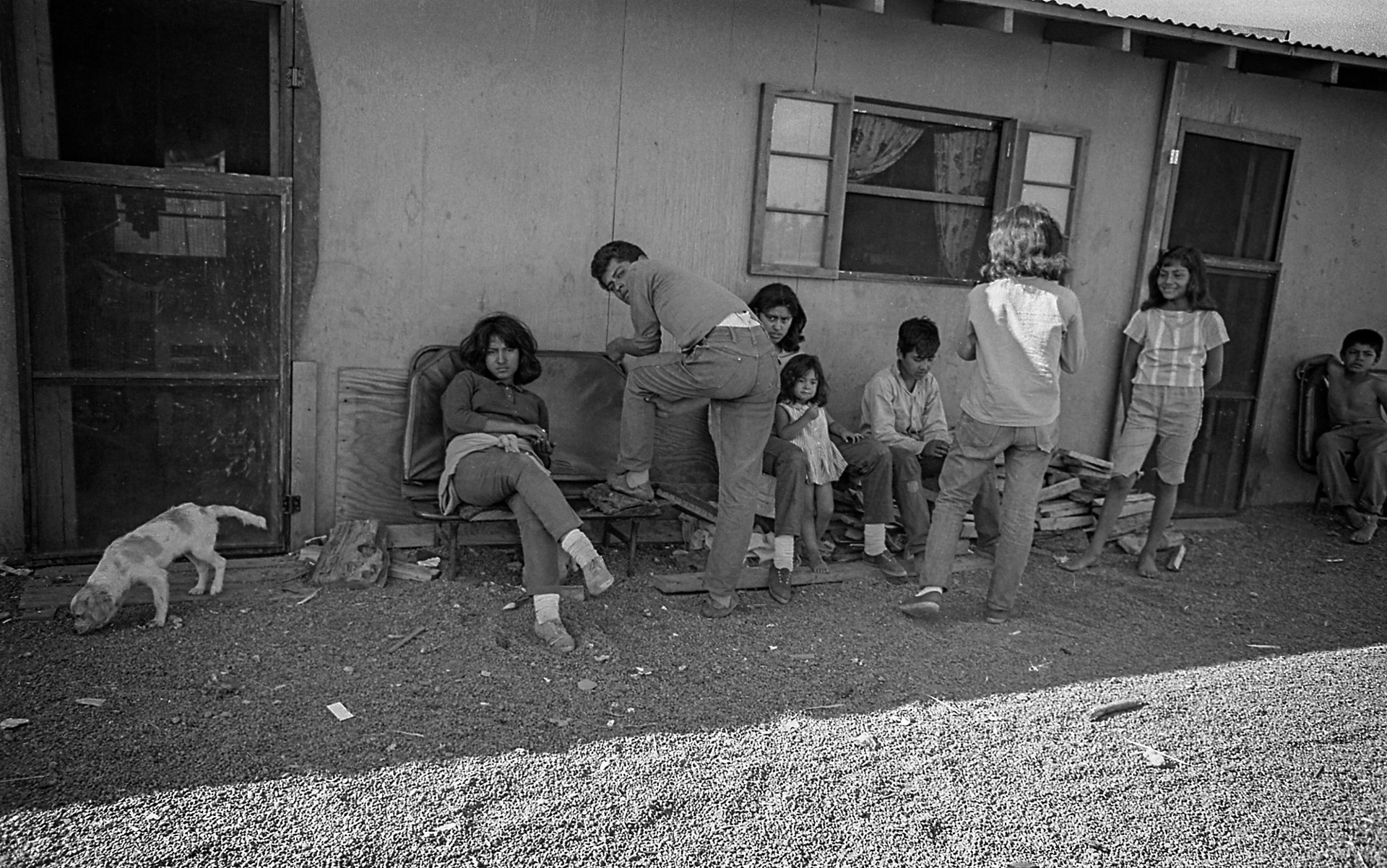 A group of people sitting outside of a house with a dog.