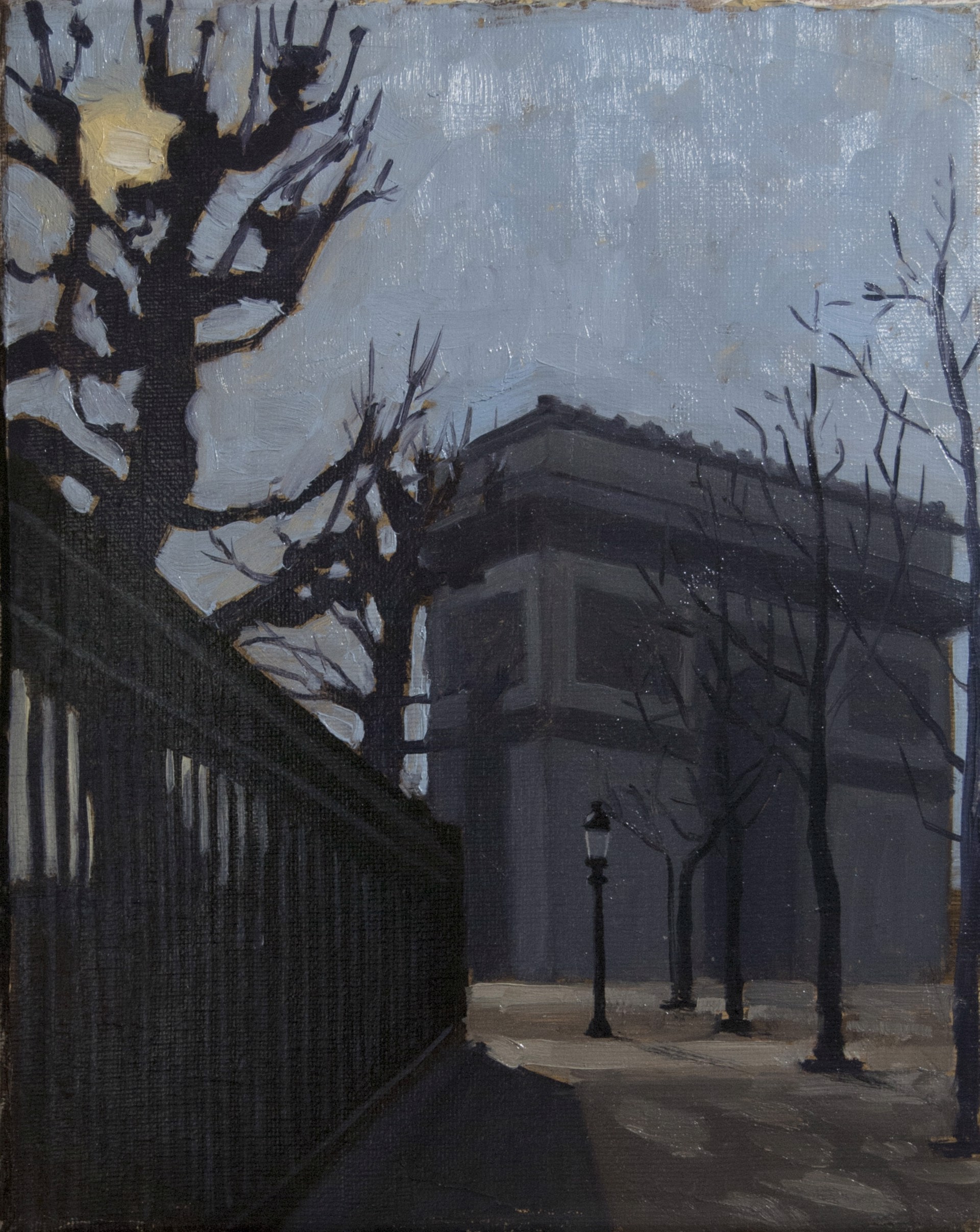 A painting of a street scene with trees and a fence.