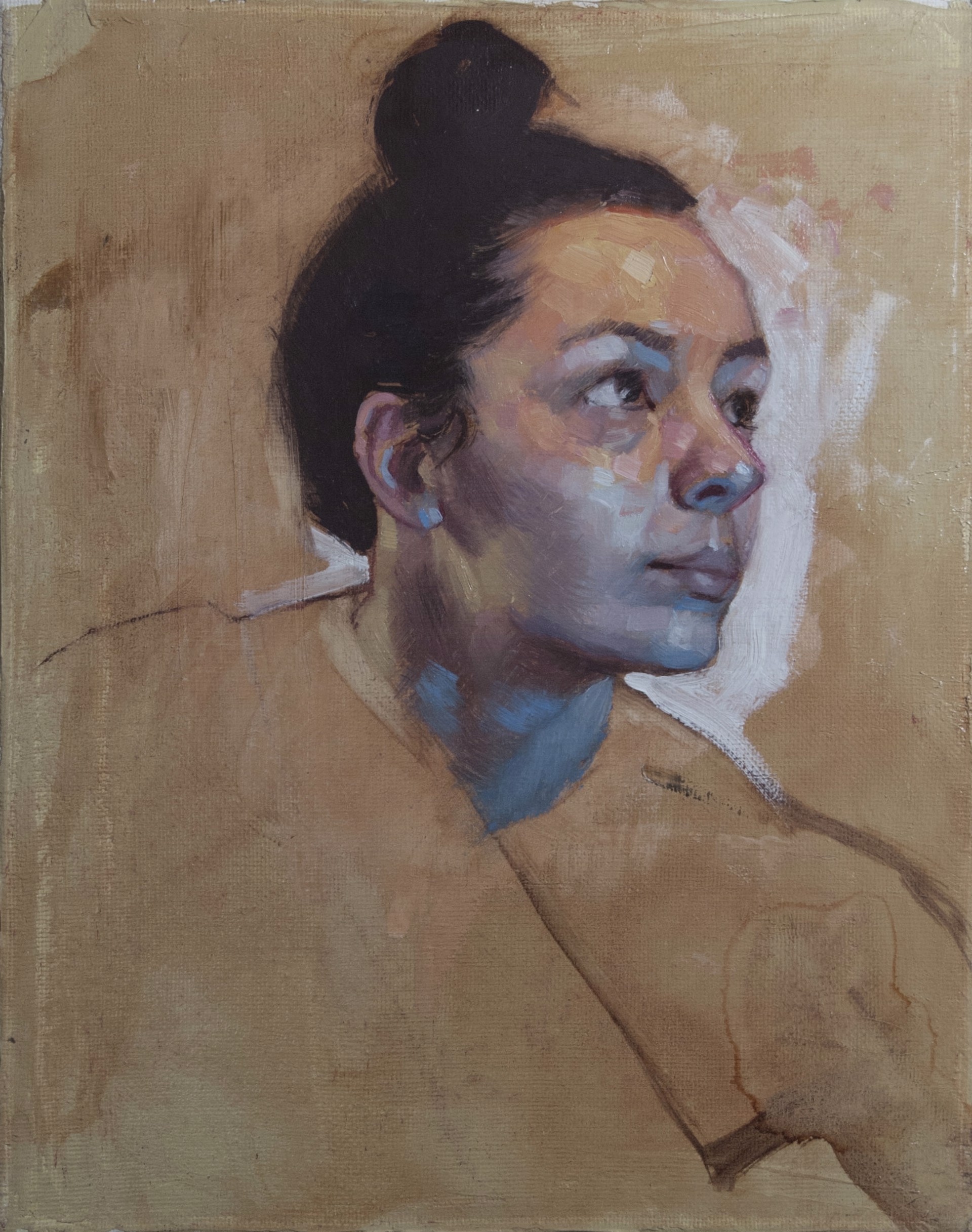 A painting of a woman with a bun in her hair.