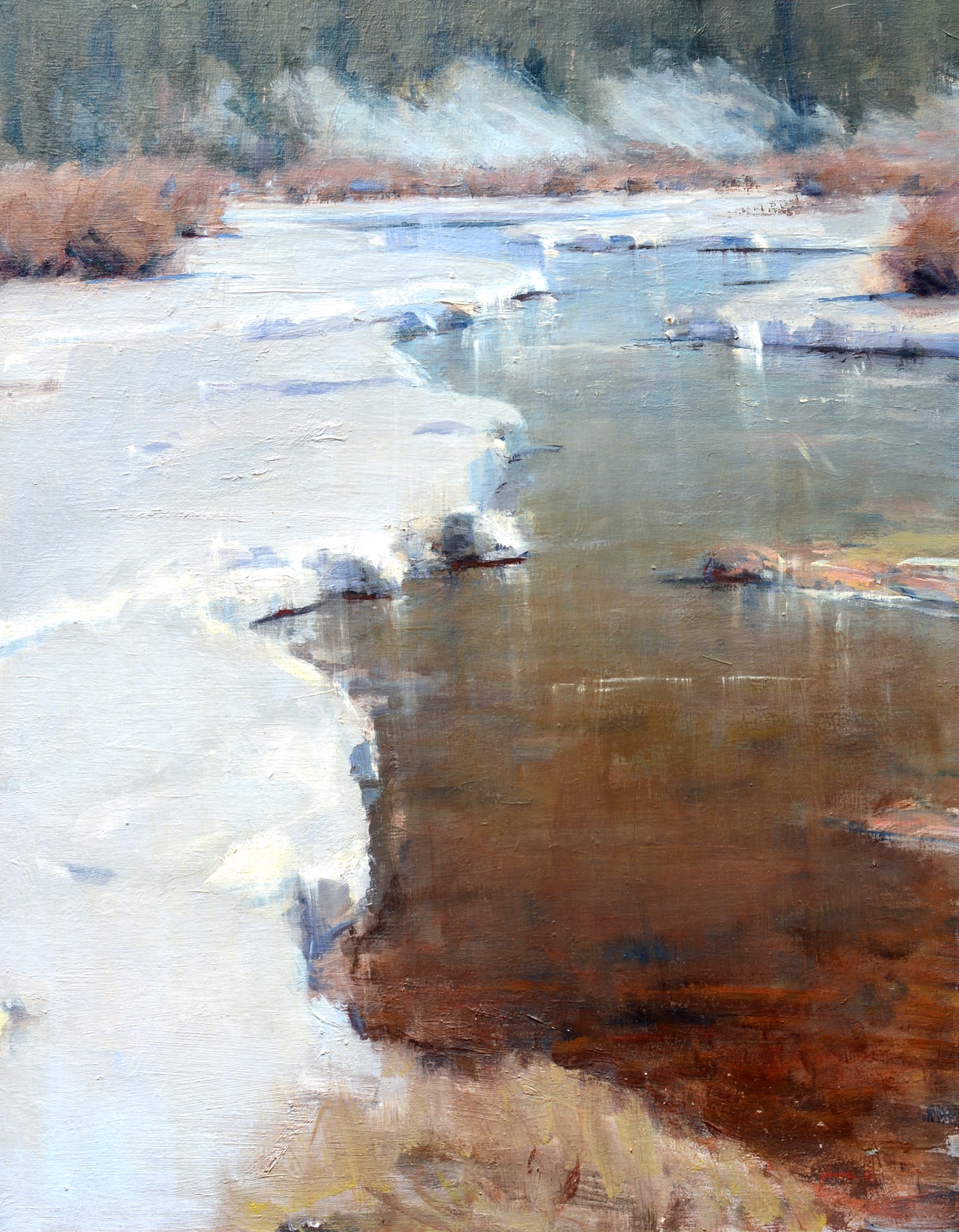 A painting of a river in the middle of a snowy landscape.