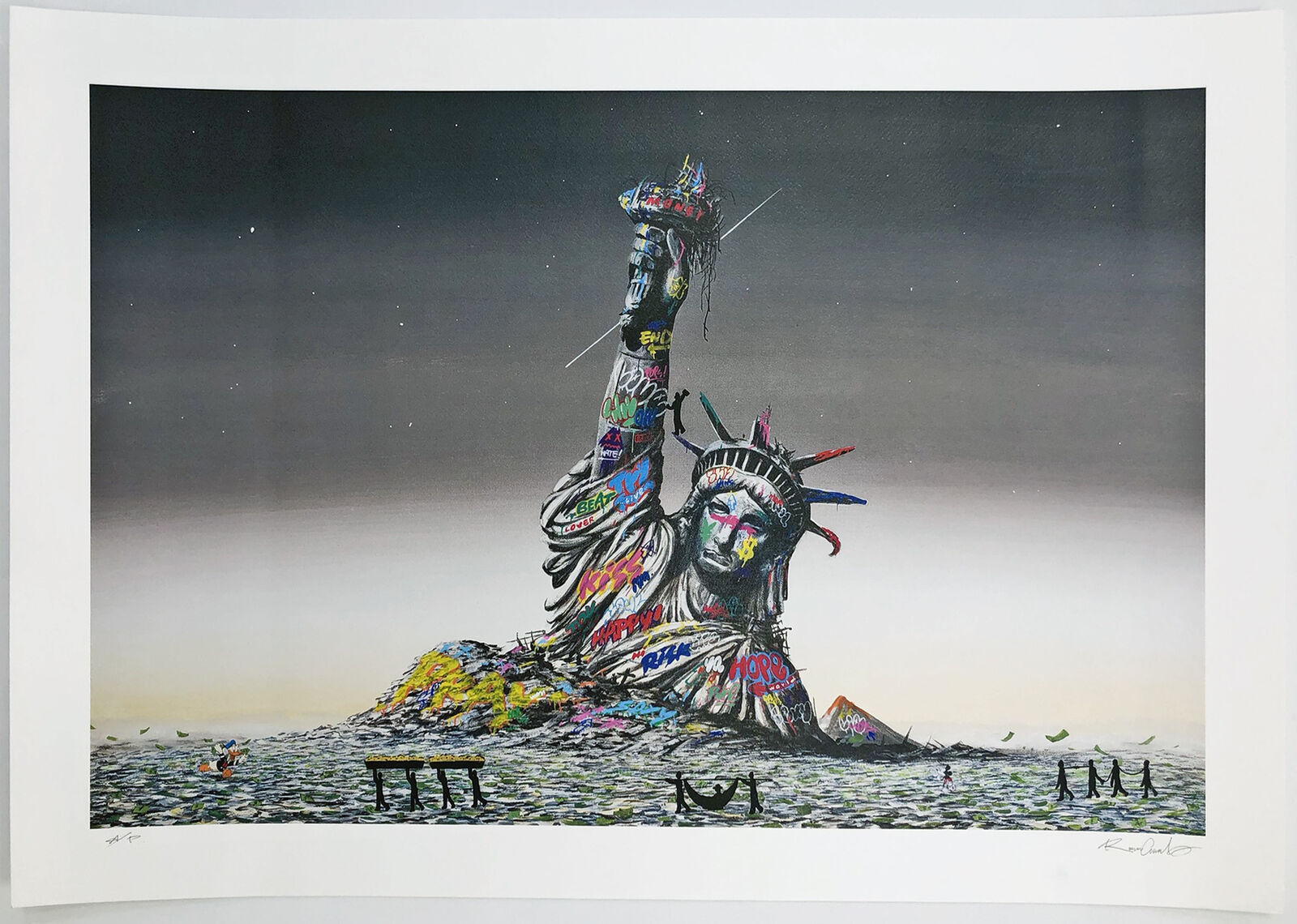 A painting of the Statue of Liberty on a cloudy day.