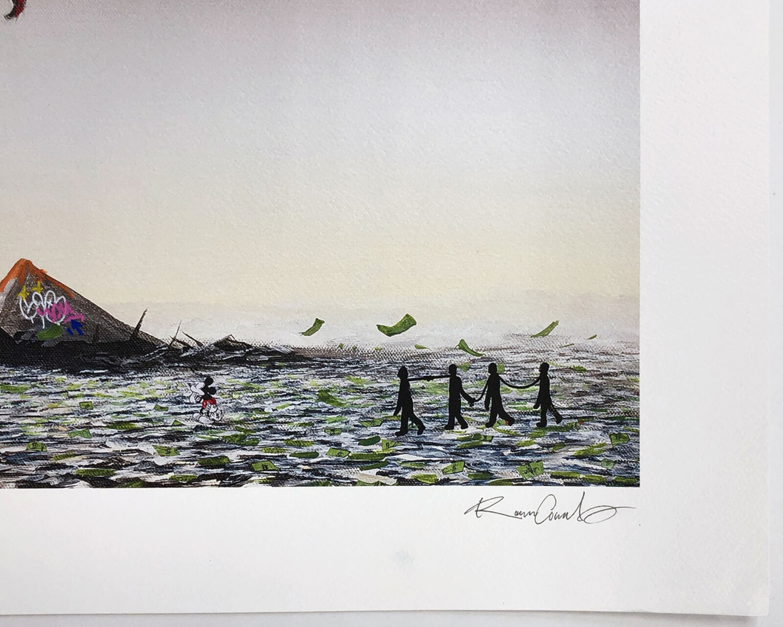 A painting of the Statue of Liberty on a cloudy day.