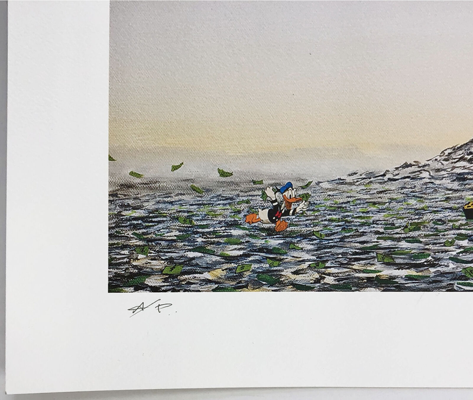 A painting of the Statue of Liberty on a cloudy day.