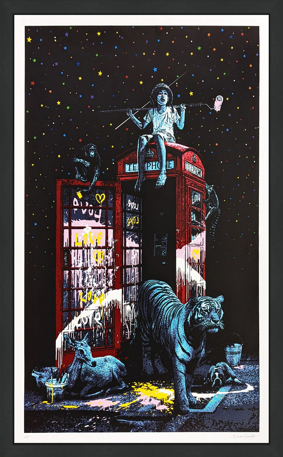 A picture of a person sitting on top of a phone booth.