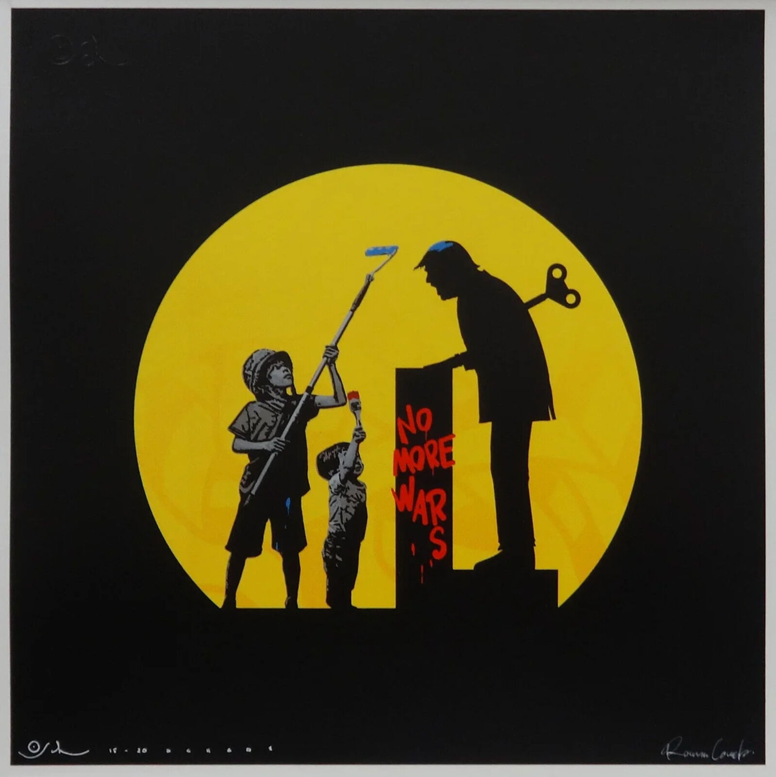 A painting of a man and a child with a broom and a key.