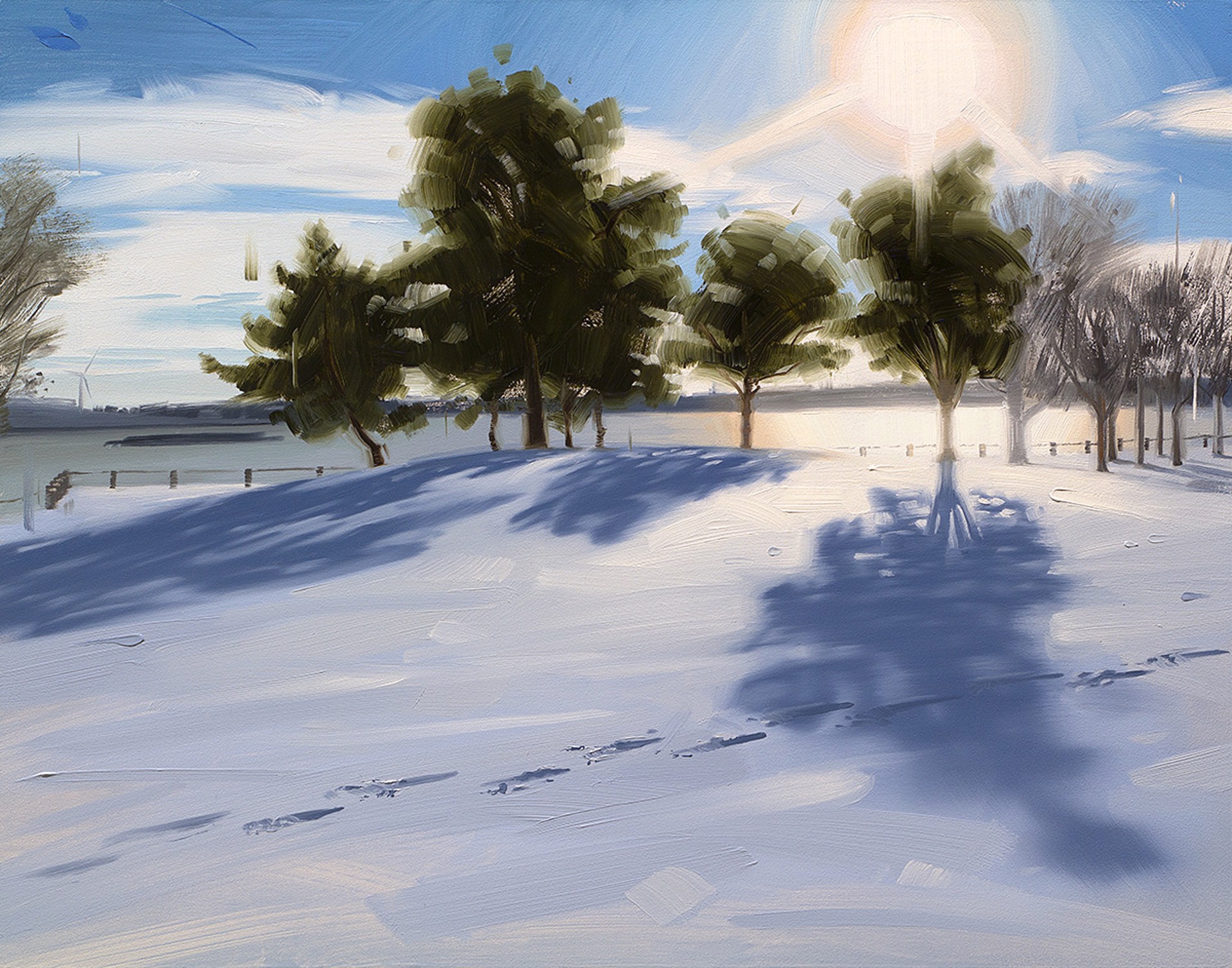 A painting of a snowy landscape with trees in the snow.