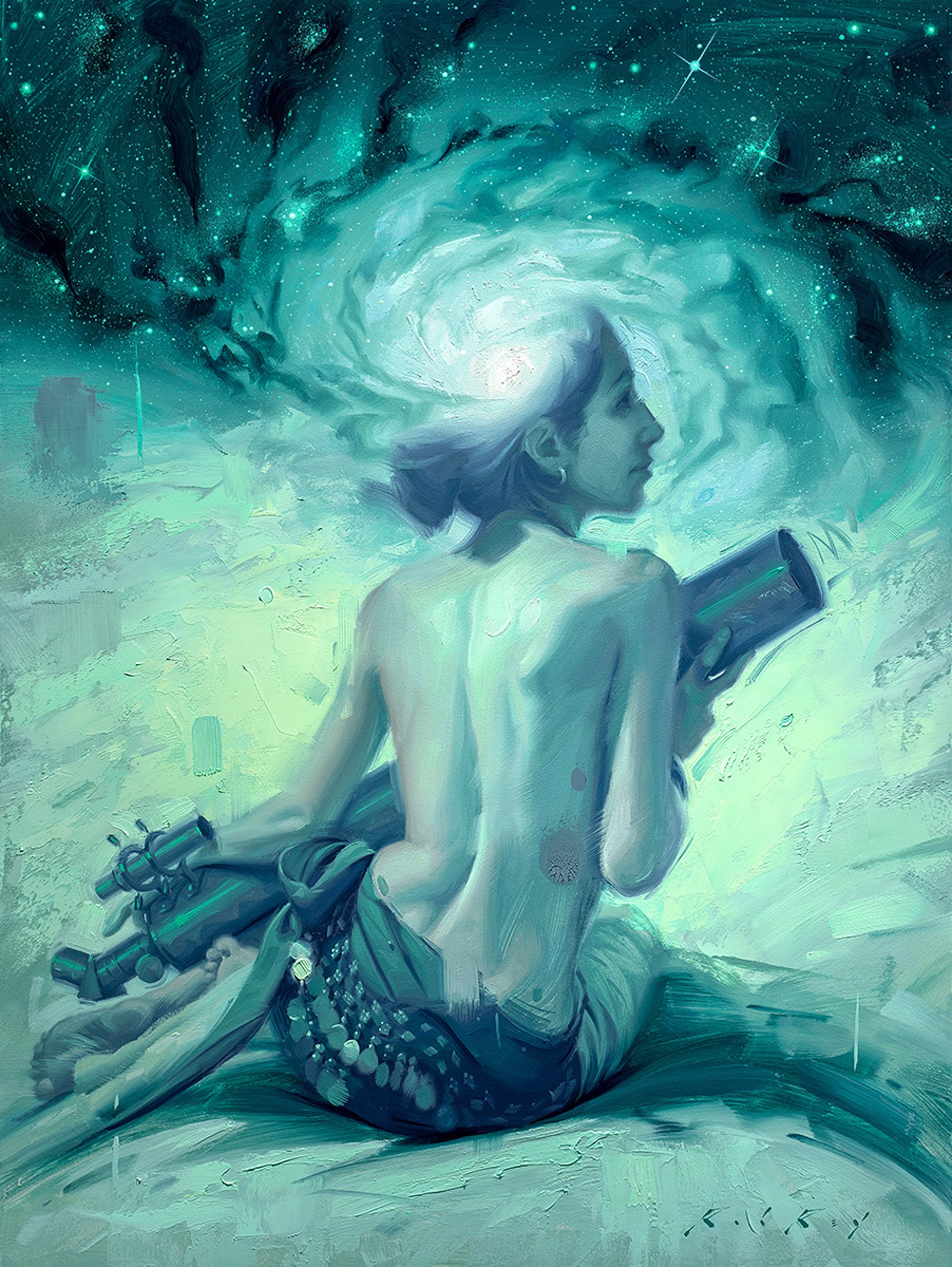 A painting of a woman sitting on the ground looking at a telescope.