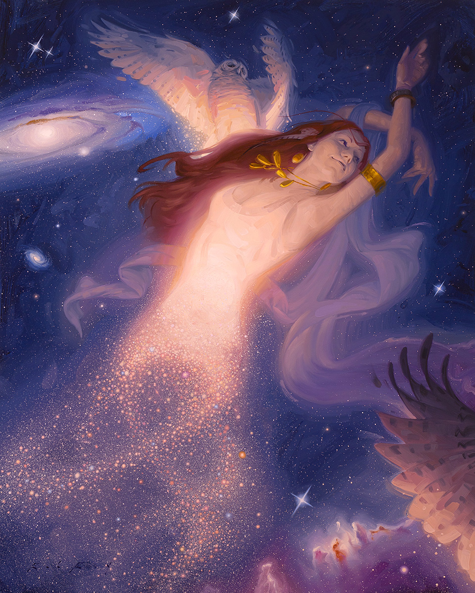 A painting of a woman with wings flying through the sky.