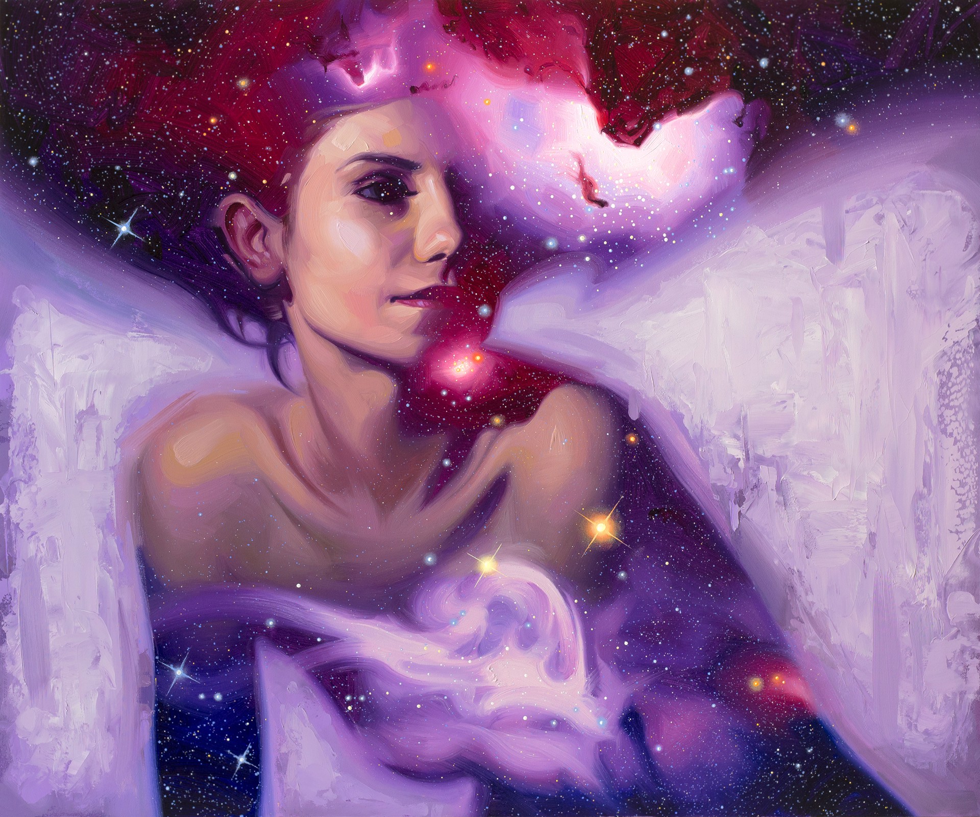 A painting of an angel with a heart in her hand.