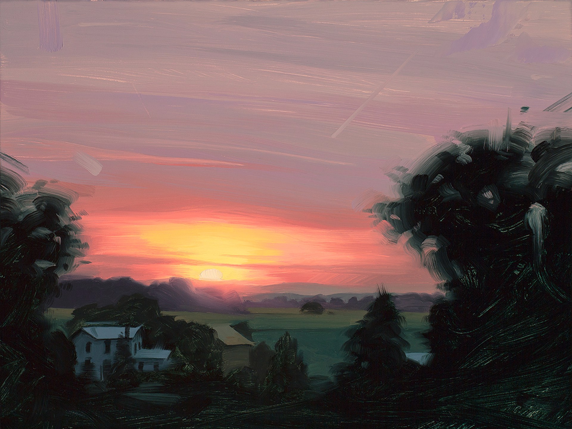 A painterly landscape of a rural sunset framed by dark foliage.