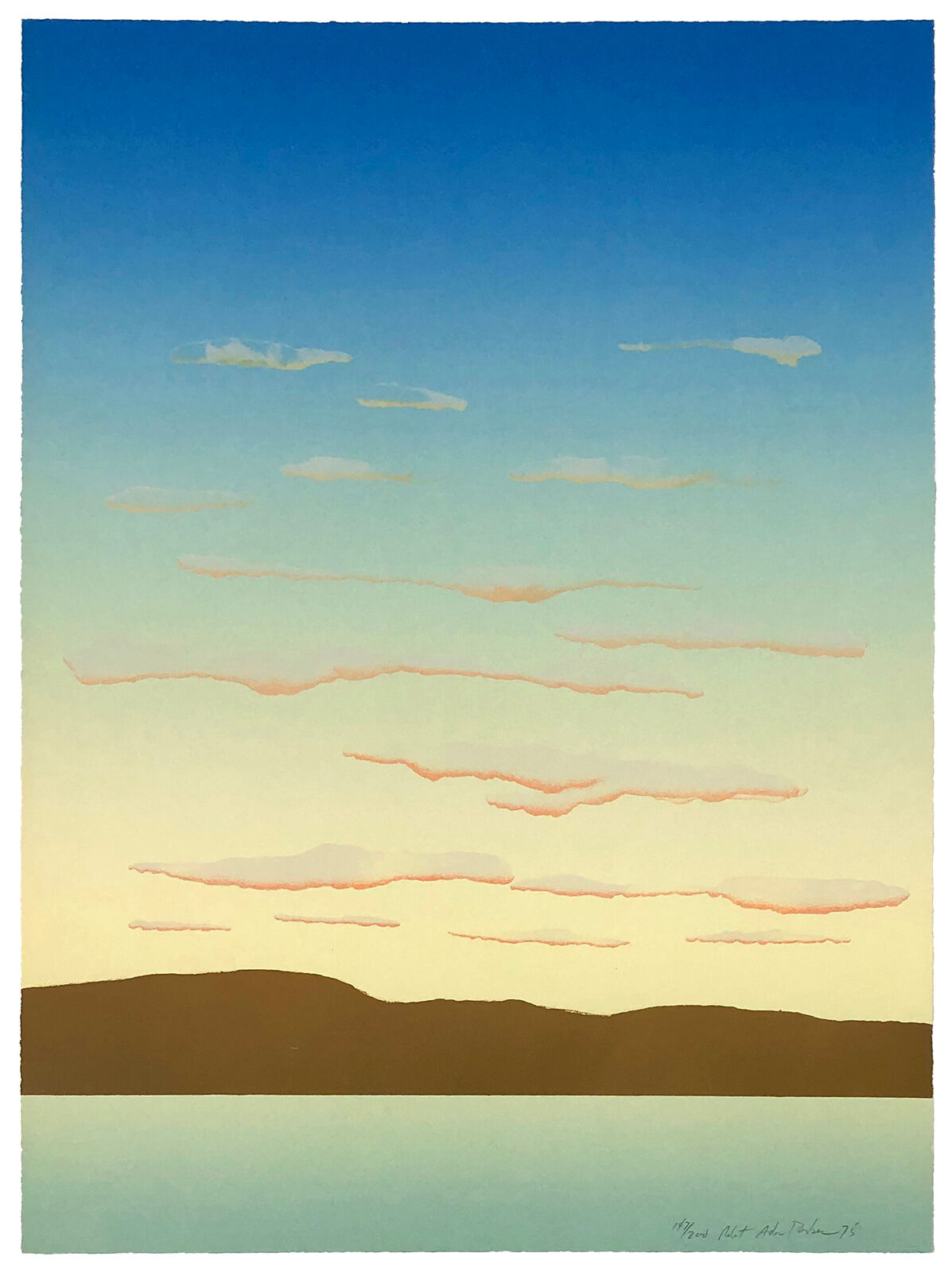 A painting of a sunset with clouds in the sky.