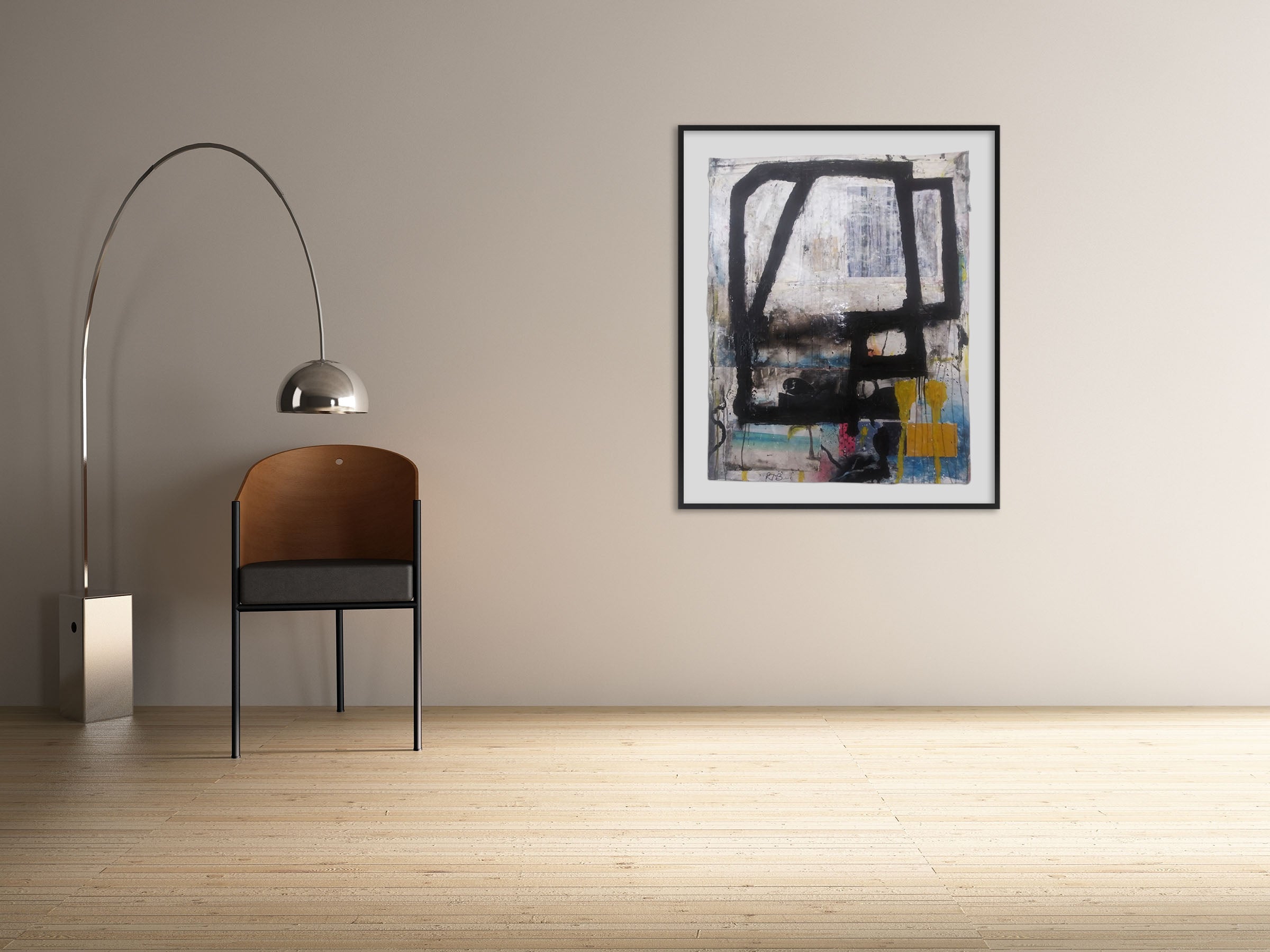 A painting on a white wall with a black frame.