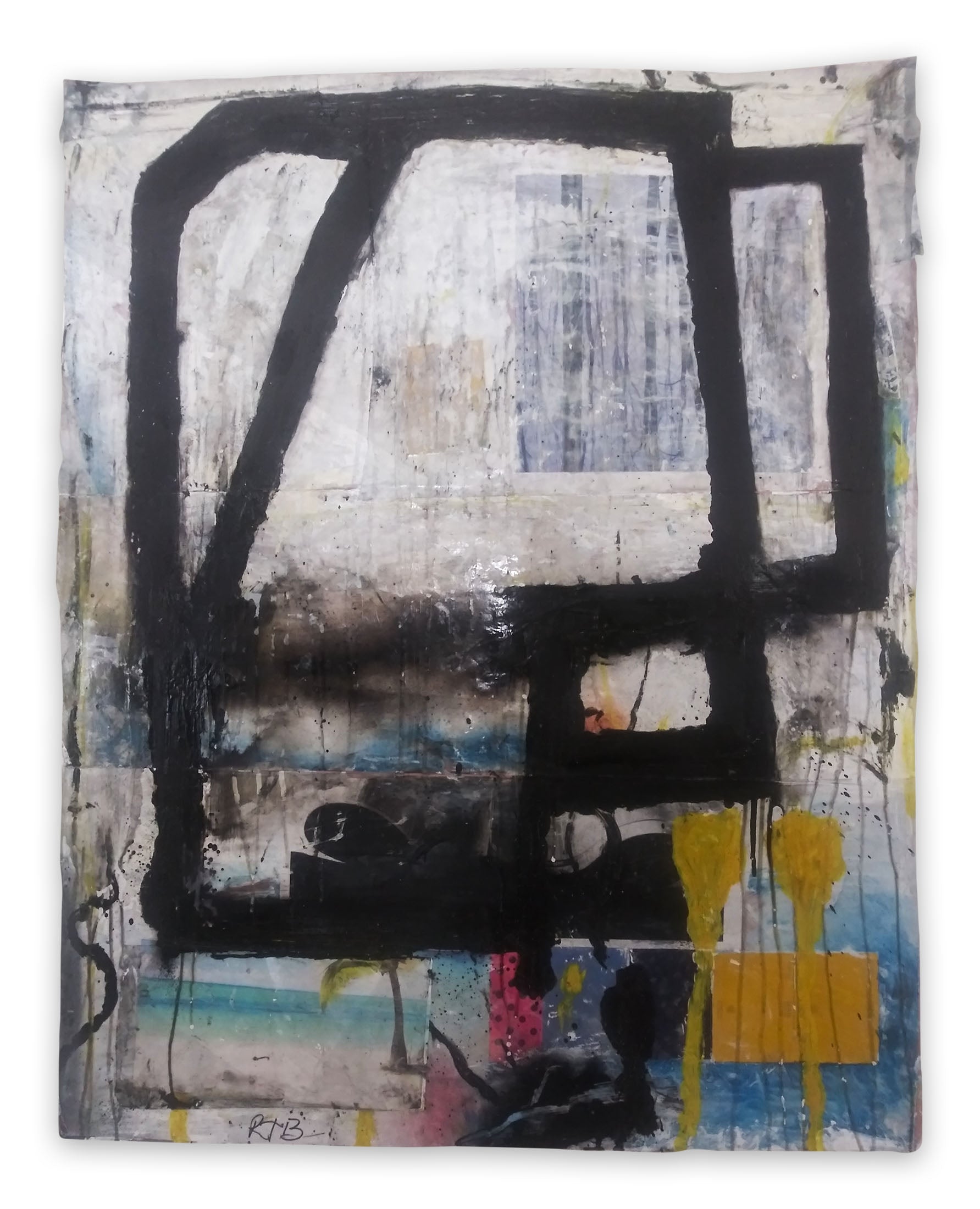 A painting on a white wall with a black frame.