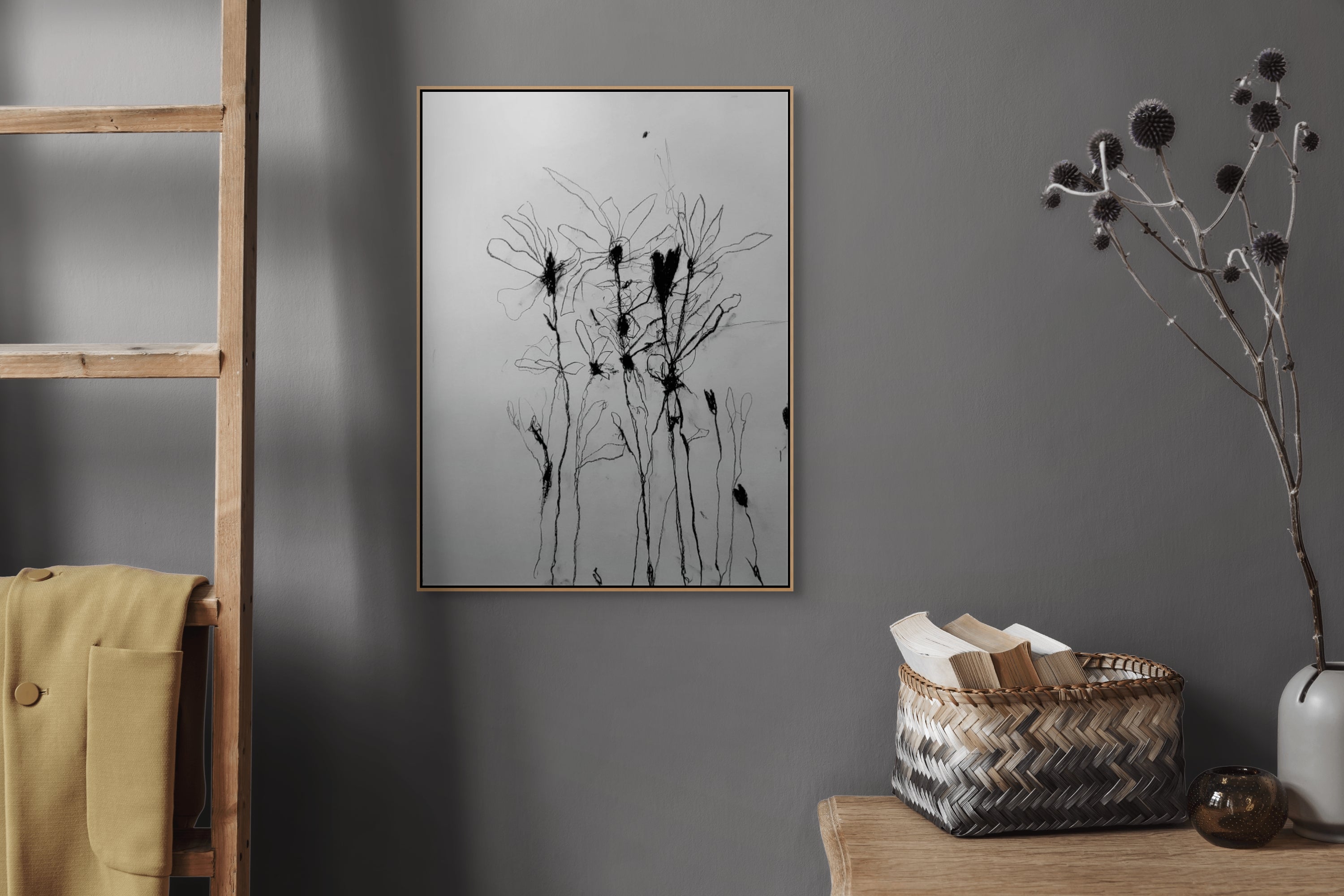 Artwork by Robert Baribeau, In the weeds ink bloom #1, Made of Charcoal & Oil stick on paper 