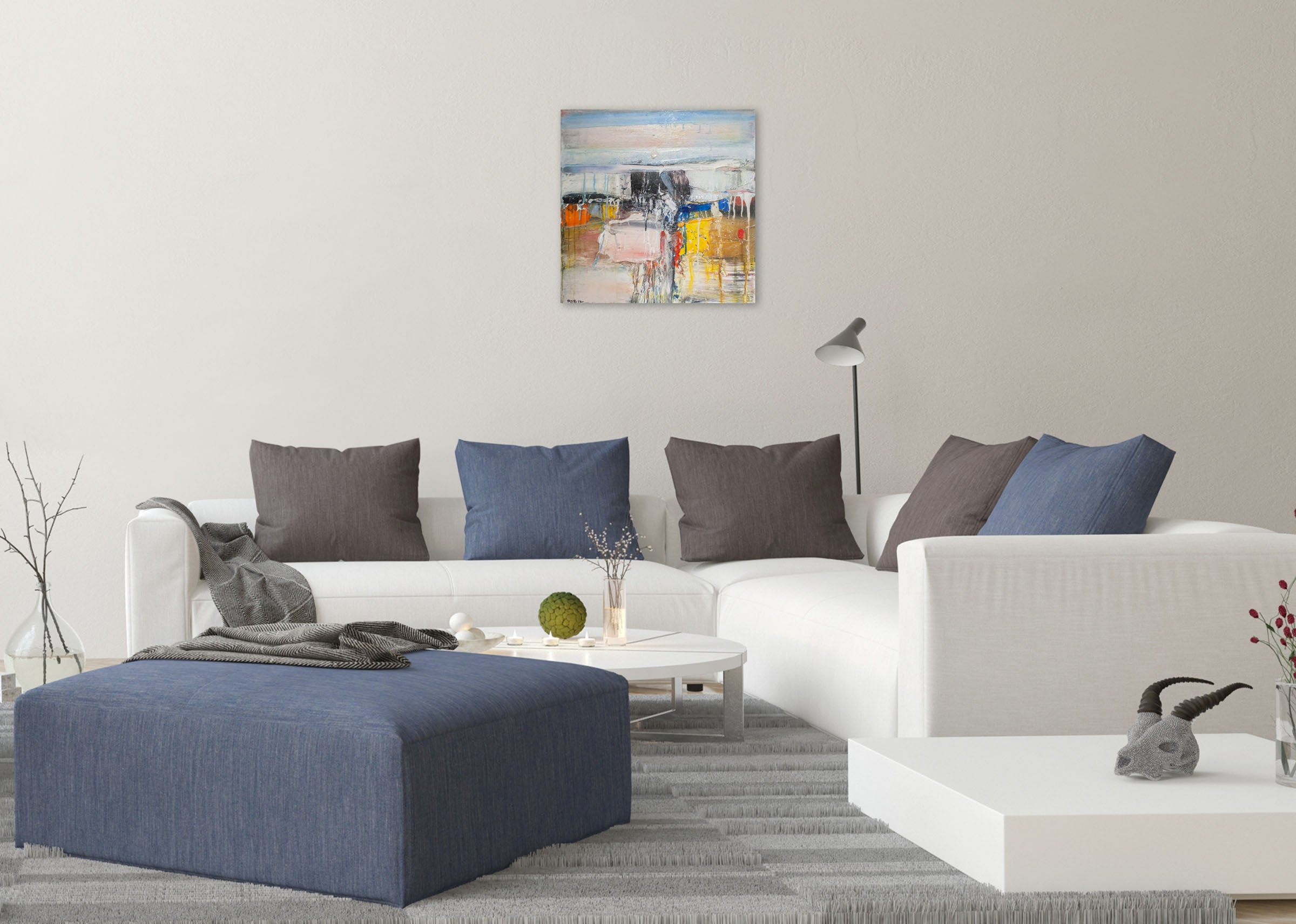A painting on a white wall with a white background.