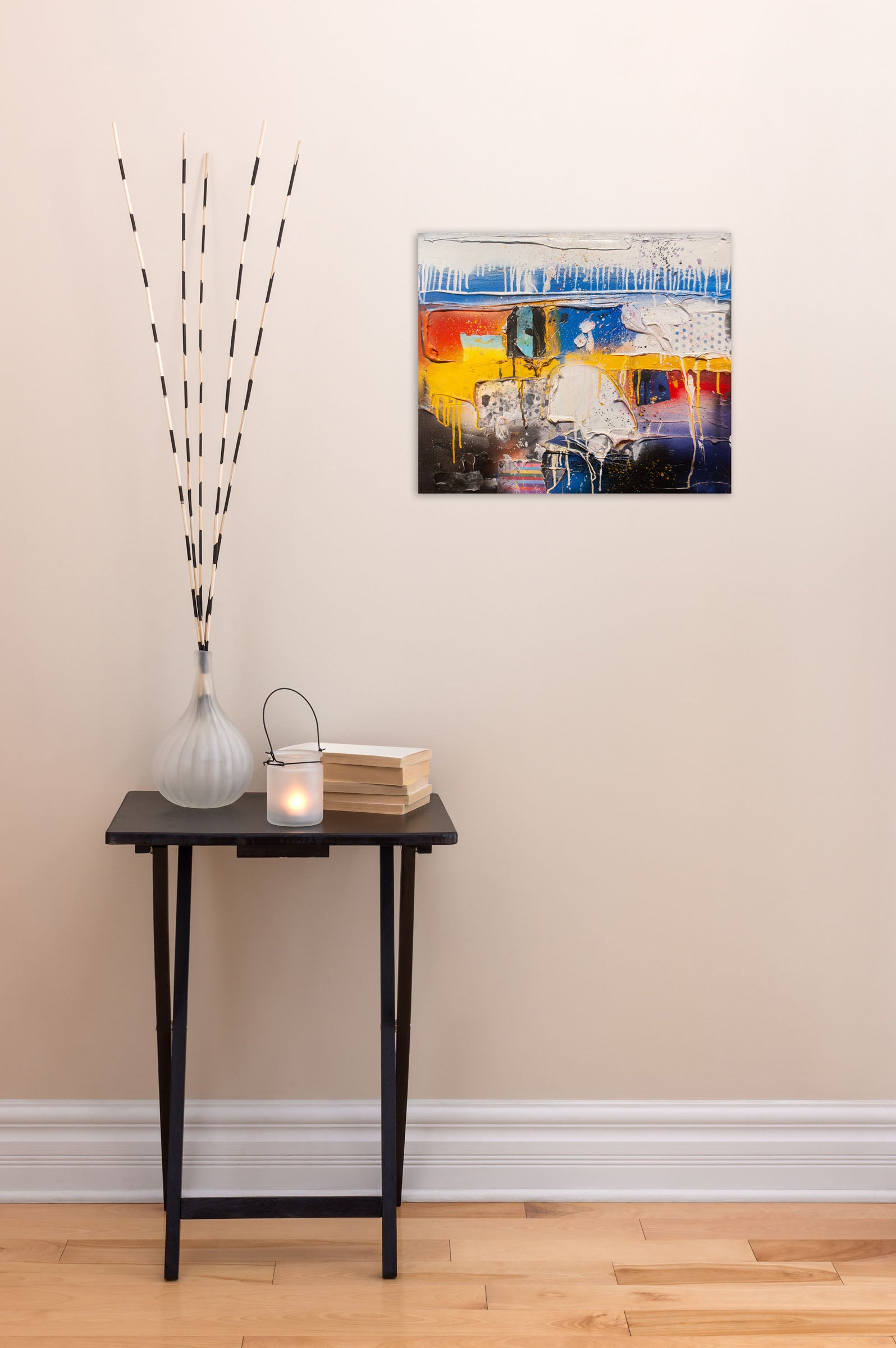 A painting on a white wall with a white background.