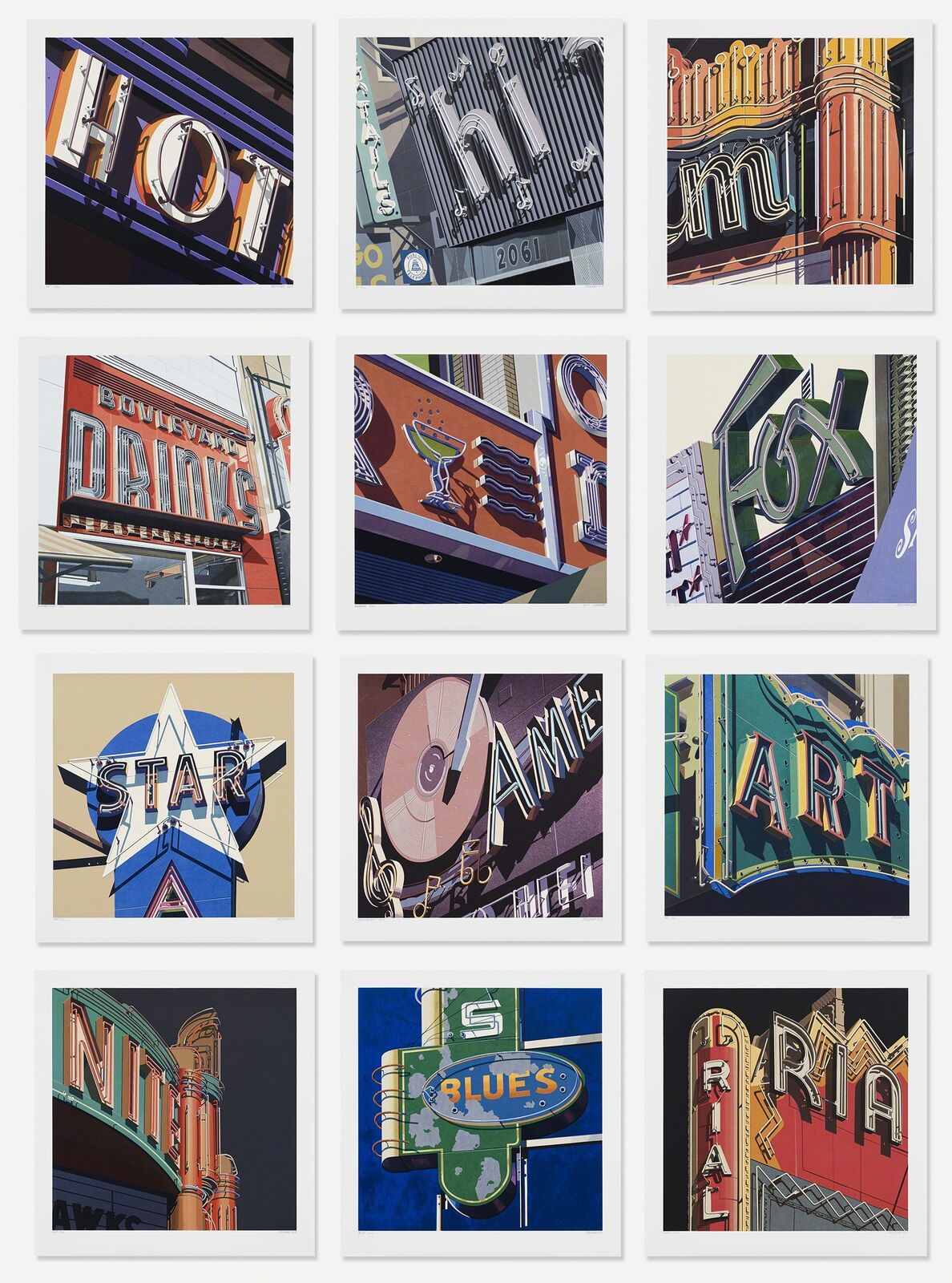 A series of nine pictures of neon signs on a white wall.