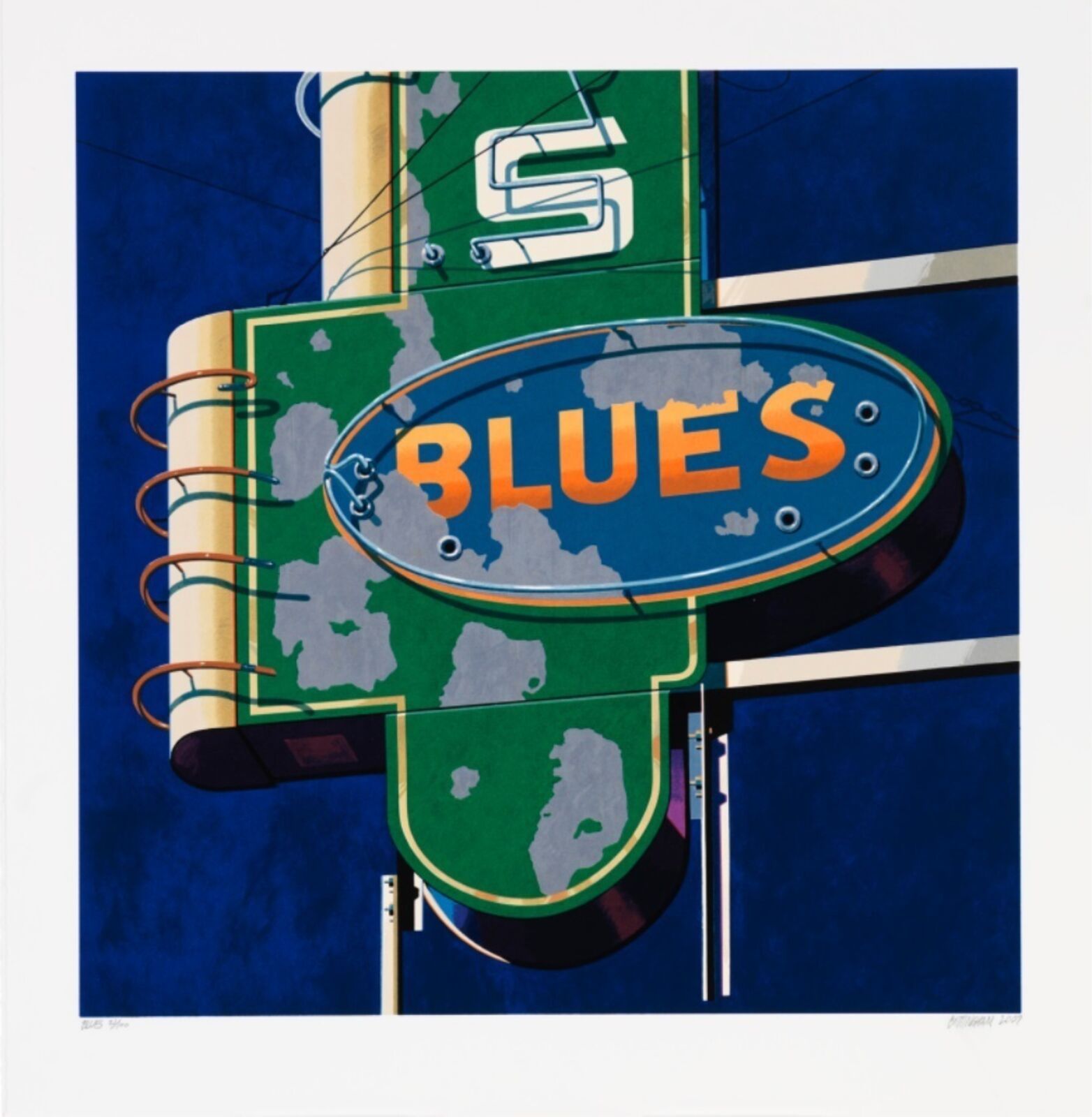 A painting of a blue and green sign with the word Blues on it.