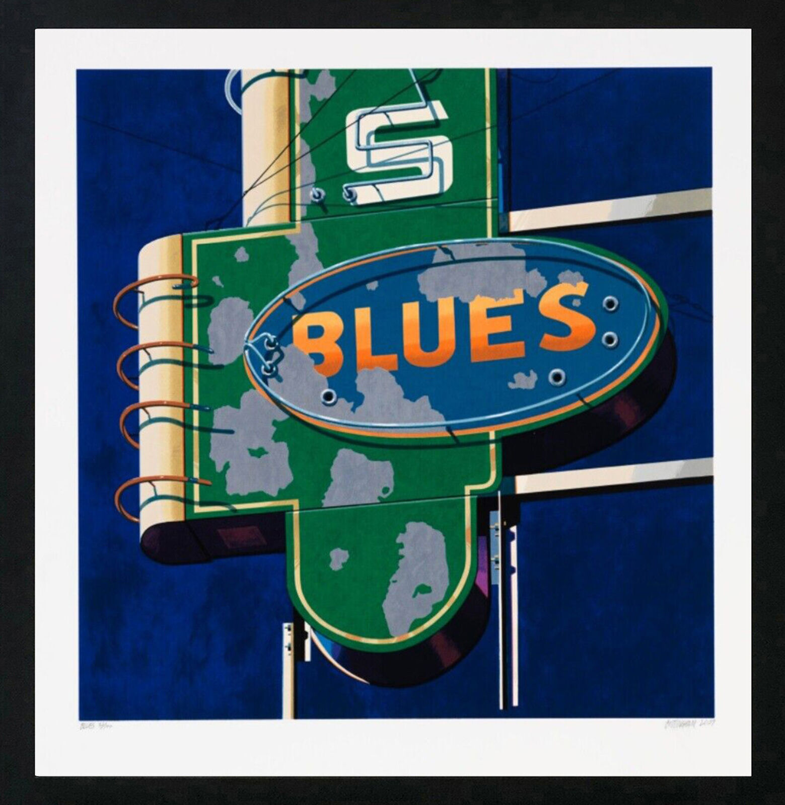 A painting of a blue and green sign with the word Blues on it.