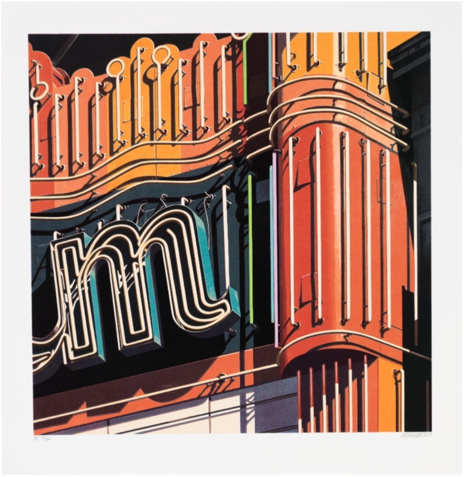 A picture of a building with a neon sign on it.