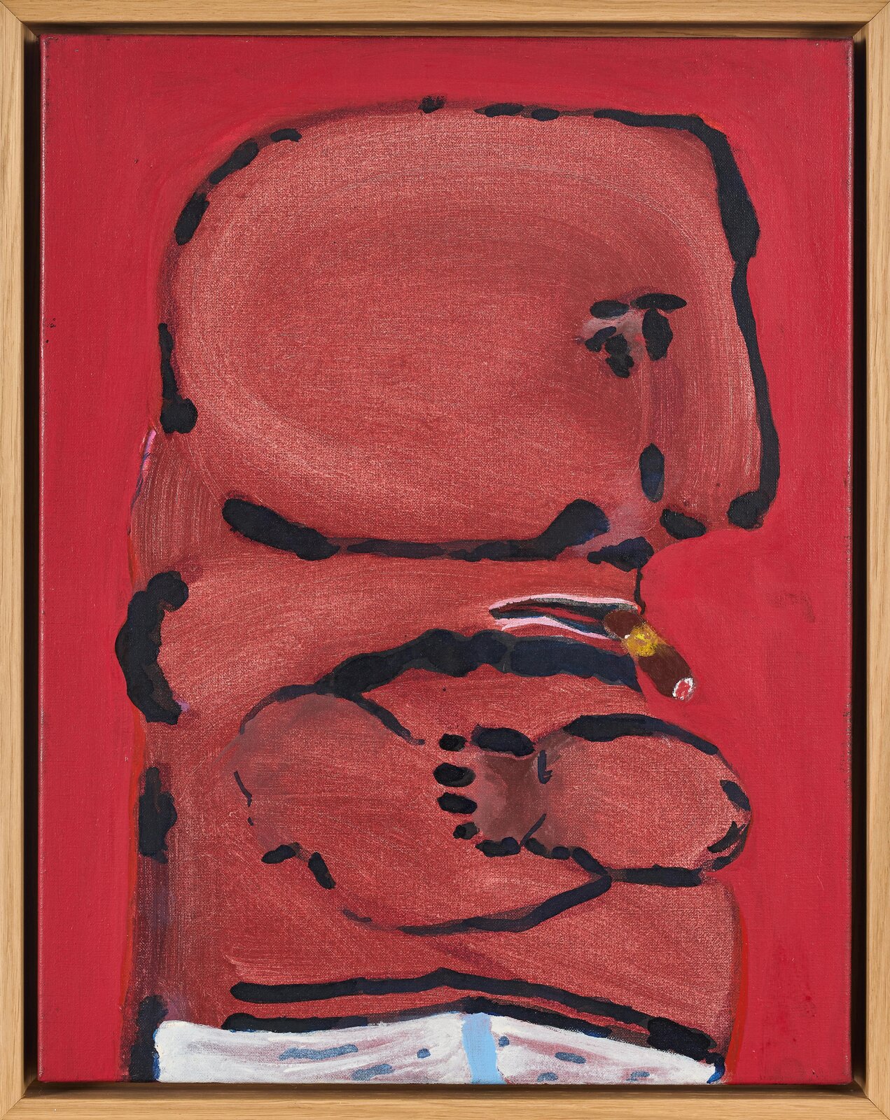 A painting of a man smoking a cigarette in a wooden frame.