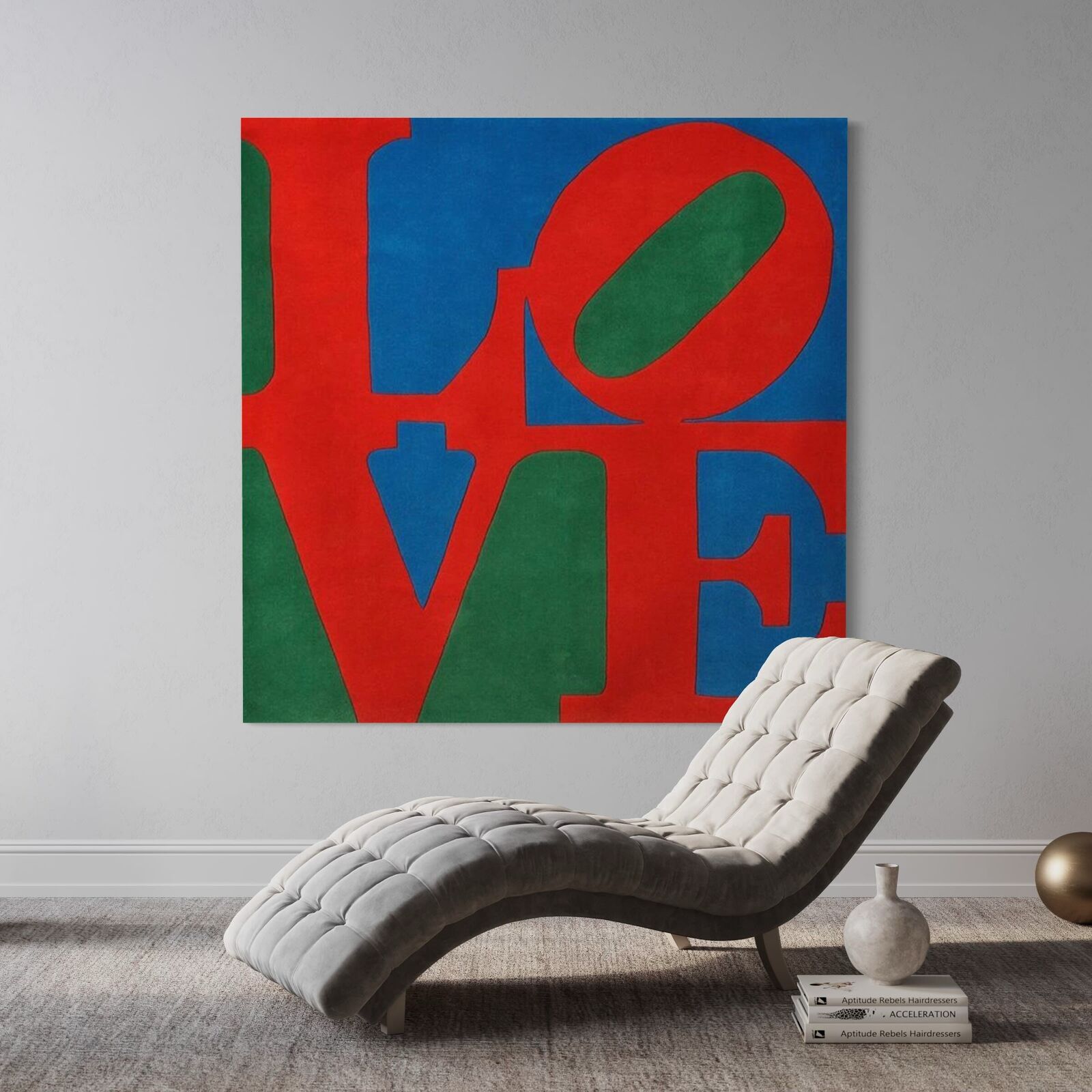 A bold graphic textile featuring large, overlapping letters in primary colors.