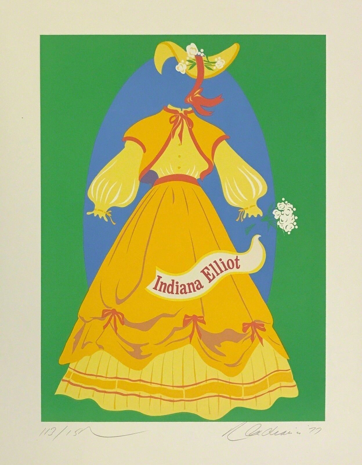 A painting of a woman in a yellow dress and hat.