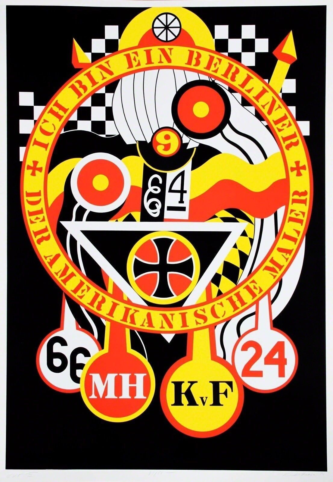 A poster with a black background and a red and yellow design.