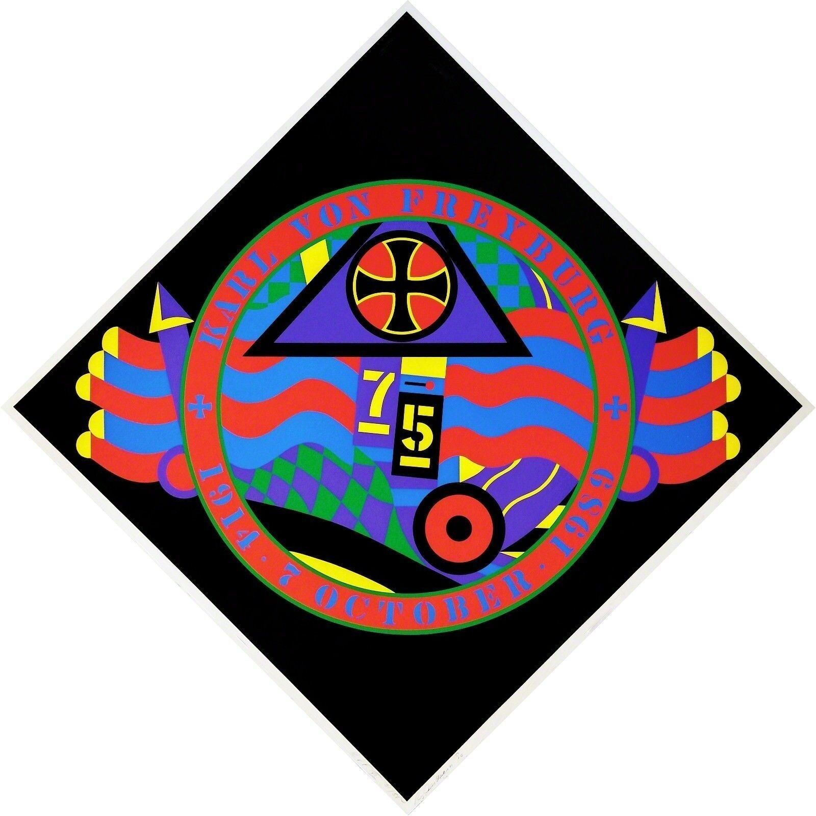 A black square with a colorful design on it.