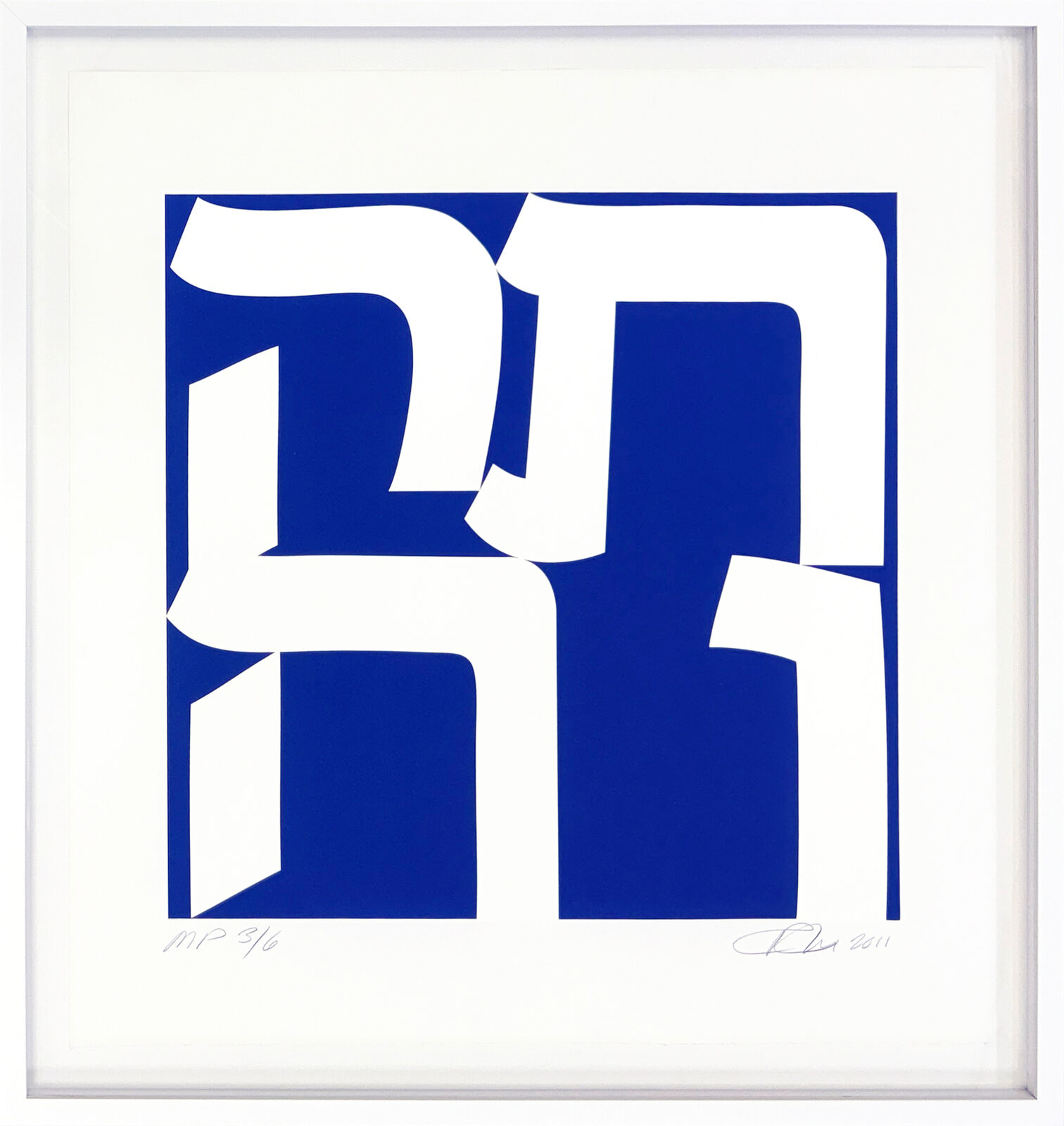 A blue and white print of a hebrew symbol in a white frame.
