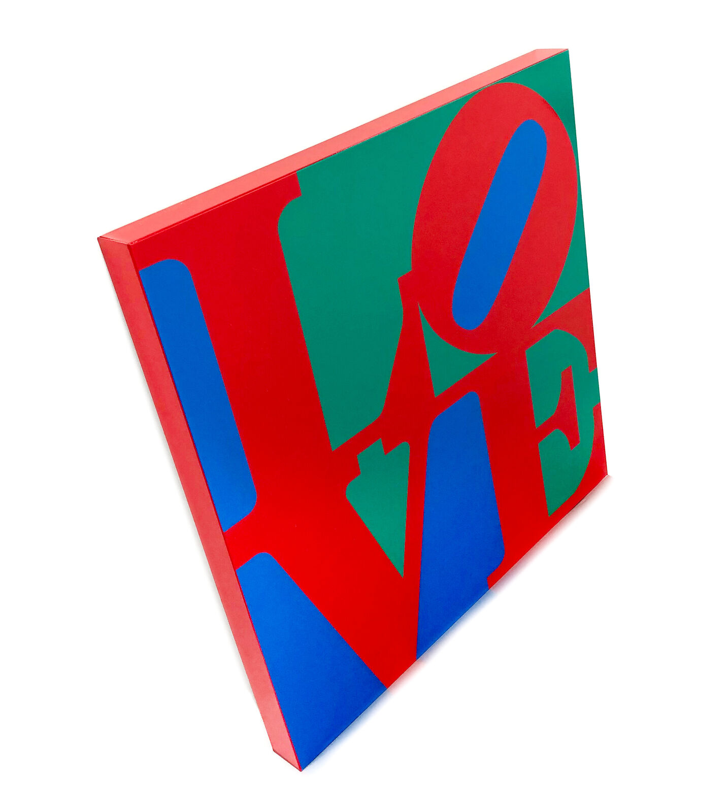 A red, blue and green love sign on a white background.