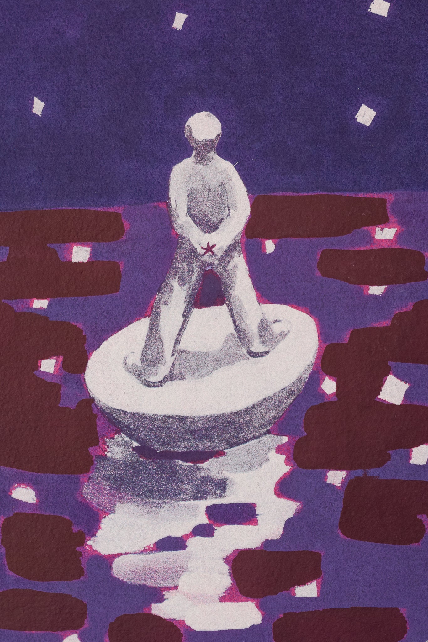 A drawing of a man standing on top of a white pedestal.