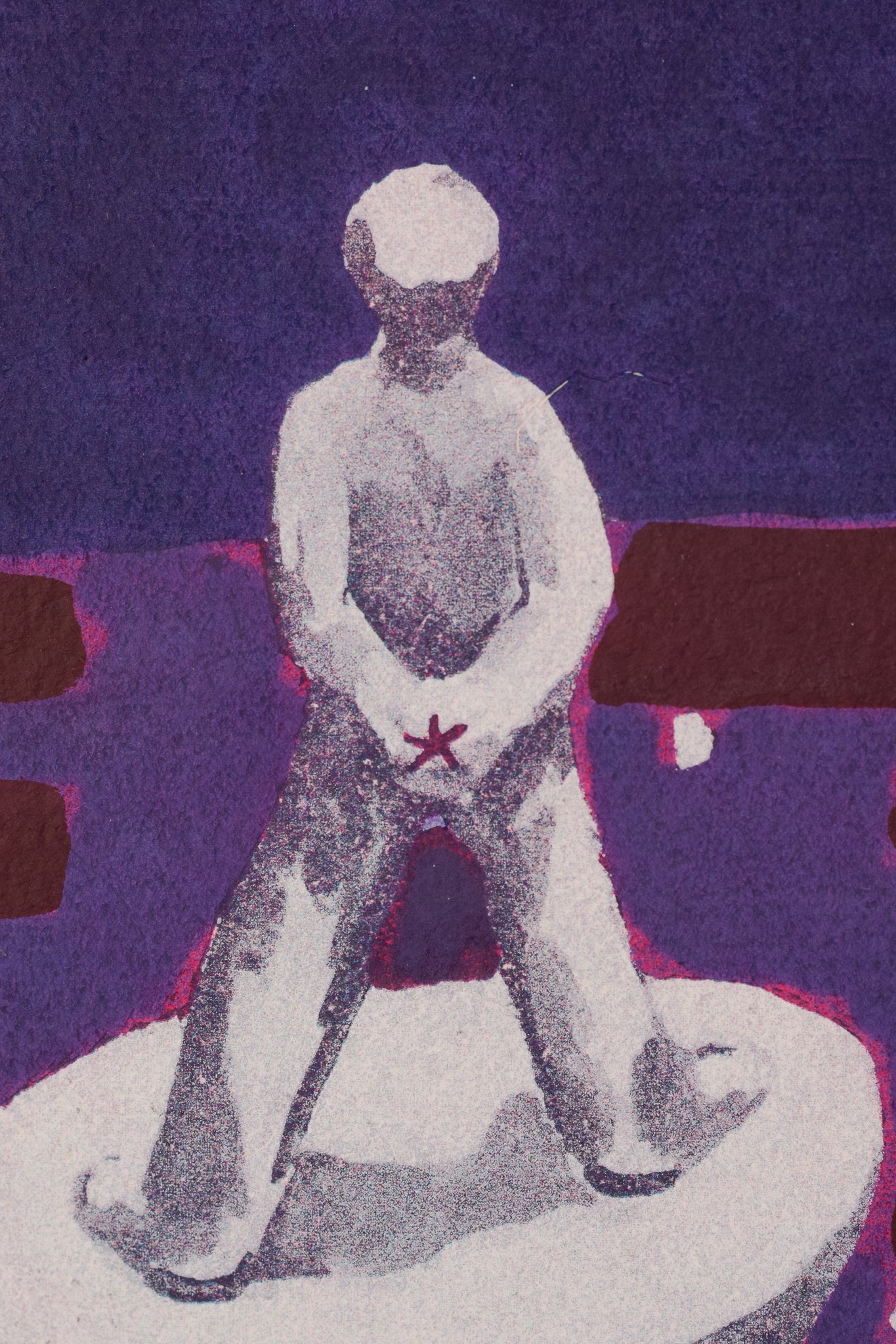 A drawing of a man standing on top of a white pedestal.