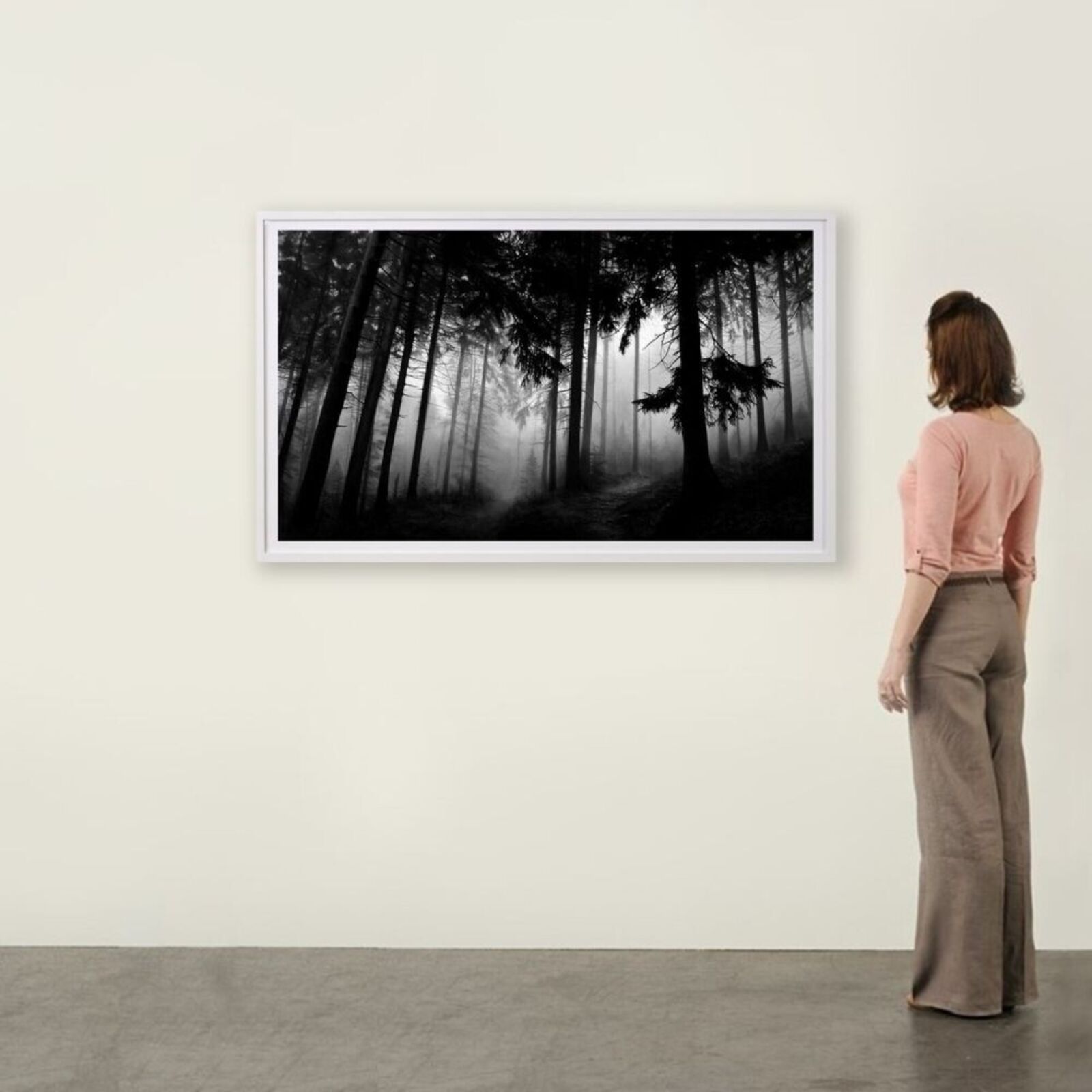 A black and white photo of a forest in the fog.