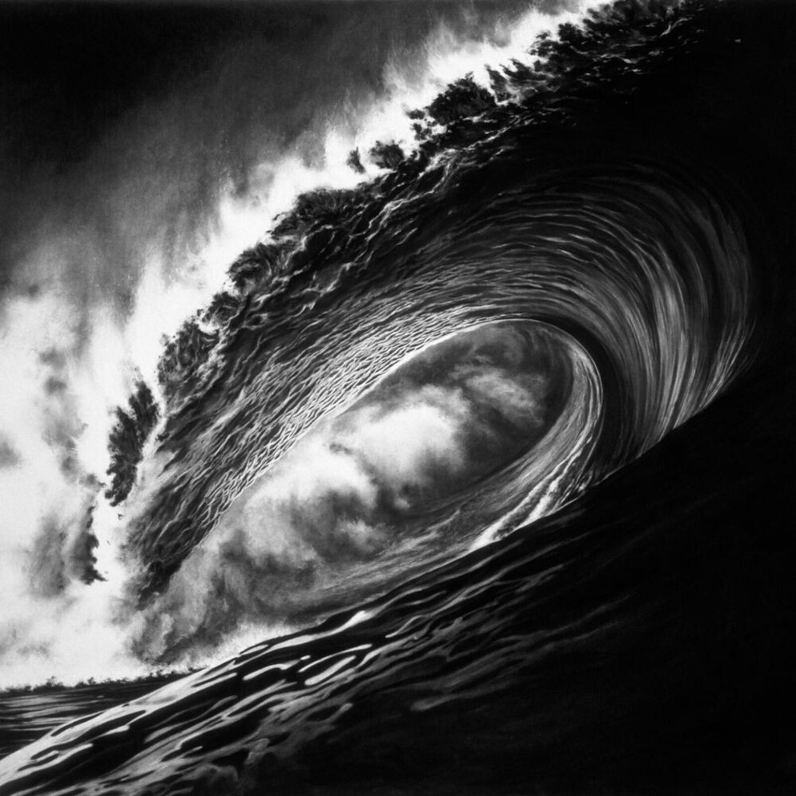A black and white photo of a large wave in the ocean.