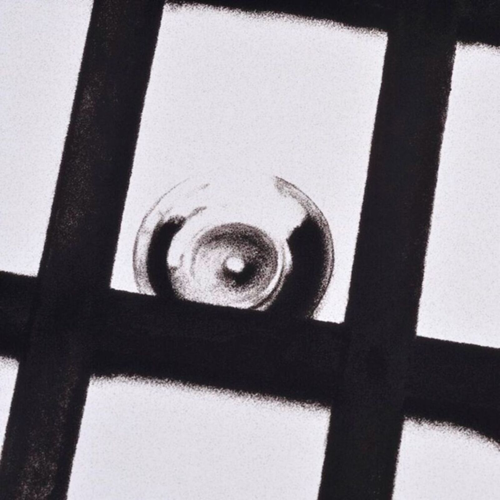 A black and white photo of a door with bars on it.