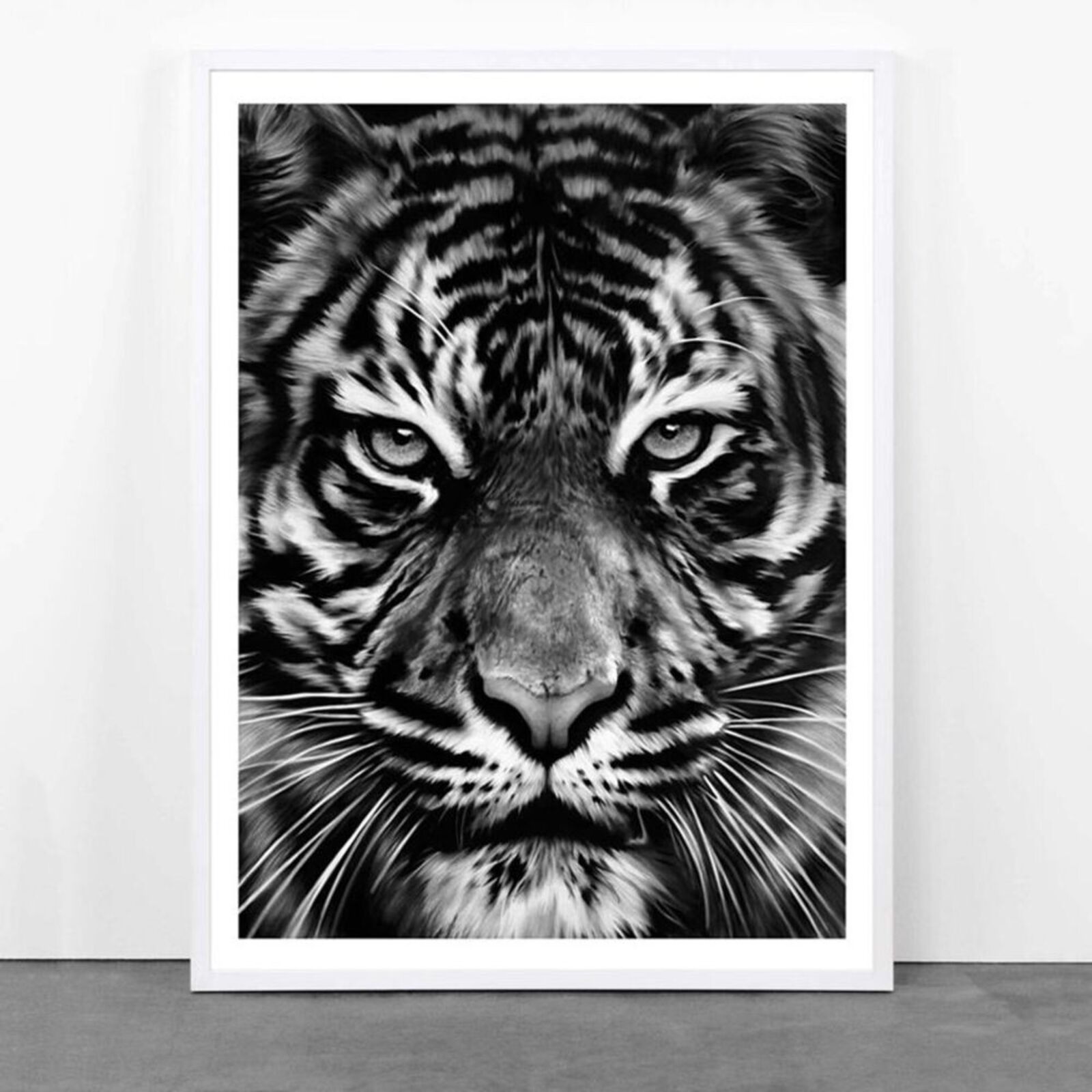 a black and white photo of a tiger's face