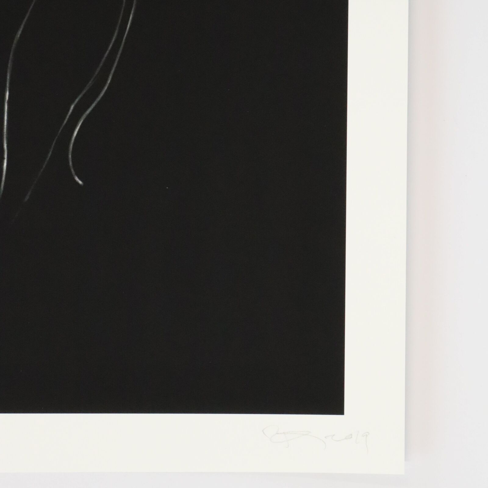 A black and white photo of a jellyfish on a black background.