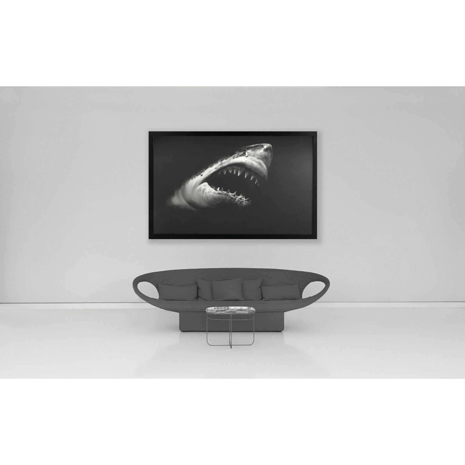 A black and white drawing of a great white shark with its mouth open.