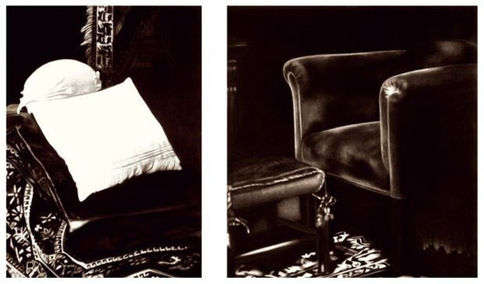A gallery wall of black and white framed photographs showcasing interior details.