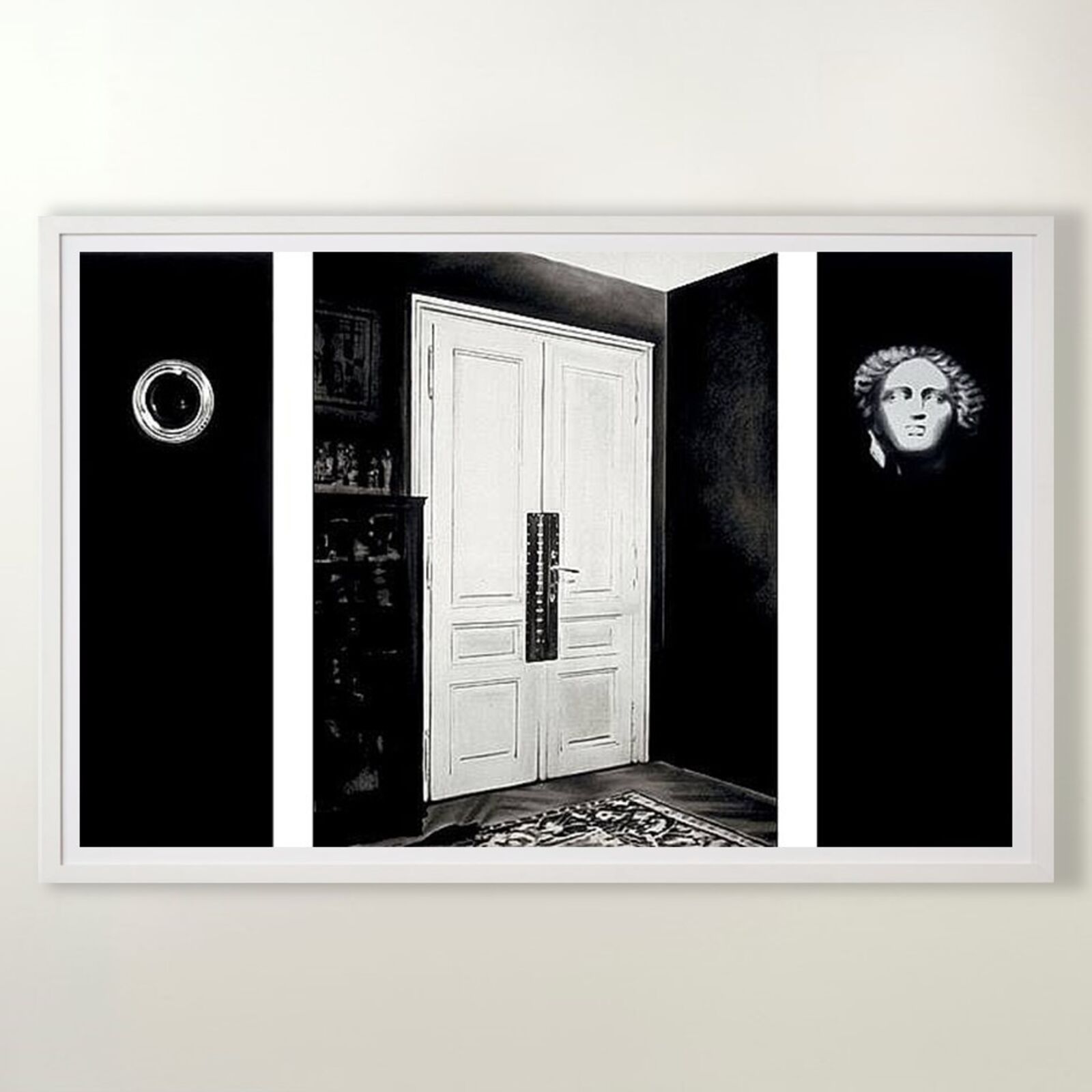 A gallery wall of black and white framed photographs showcasing interior details.